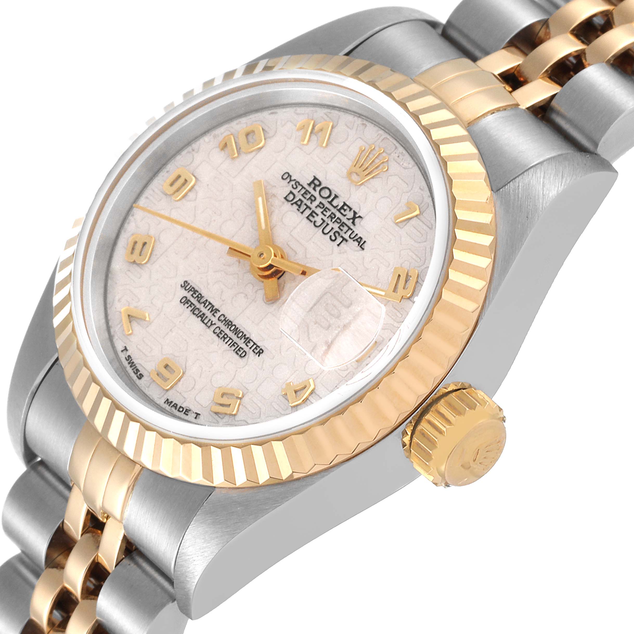 This Rolex Datejust 69173 Women's Steel and Gold (two tone) Beige Dial 69173 Women's Steel and Gold (two tone) Beige Dial watch is shown at a slight angle, highlighting the fluted bezel, crown, and two-tone bracelet.