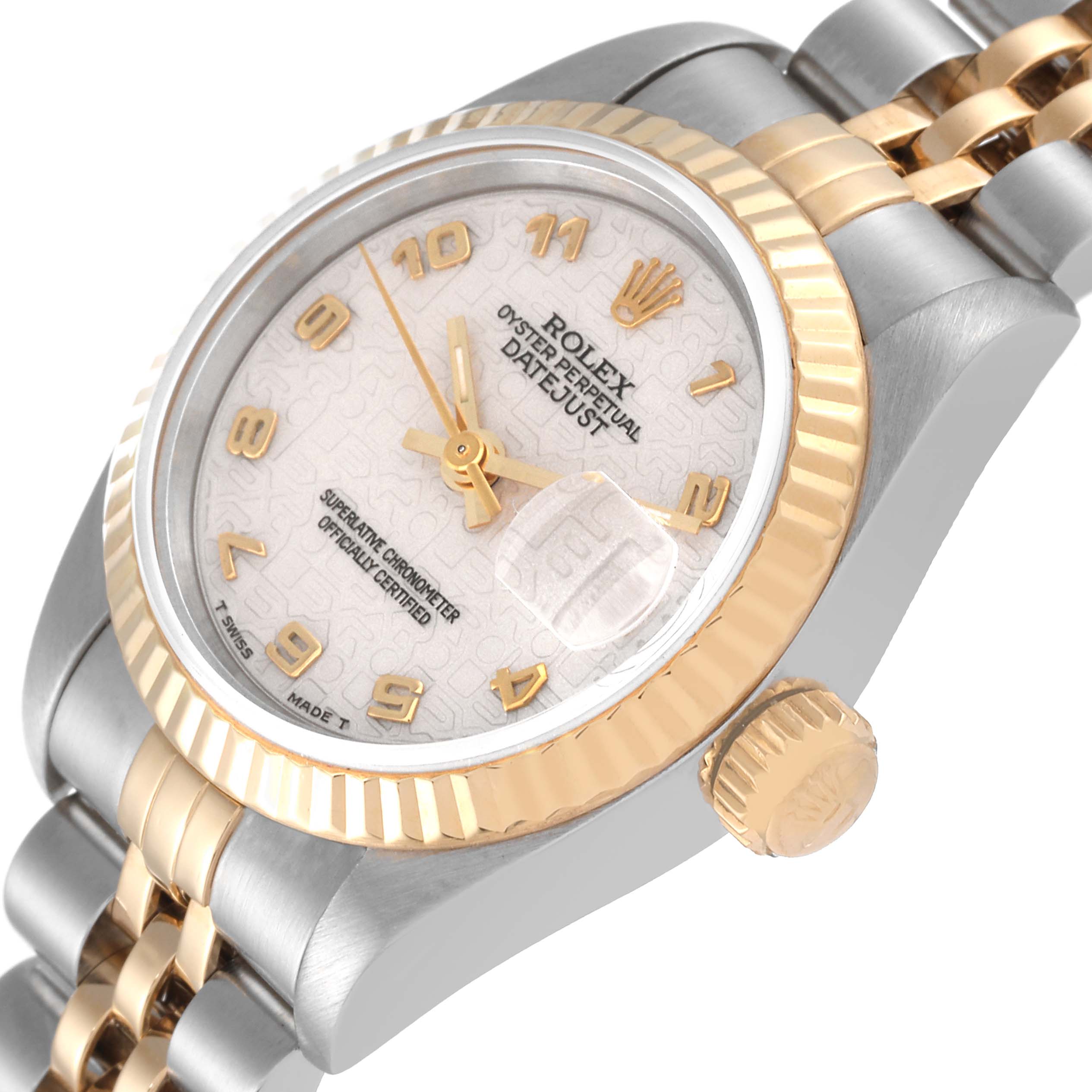 The image shows the Rolex Datejust 69173 Women's Steel and Gold (two tone) Beige Dial 69173 Women's Steel and Gold (two tone) Beige Dial watch at an angled close-up, highlighting the dial, bezel, crown, and part of the bracelet.