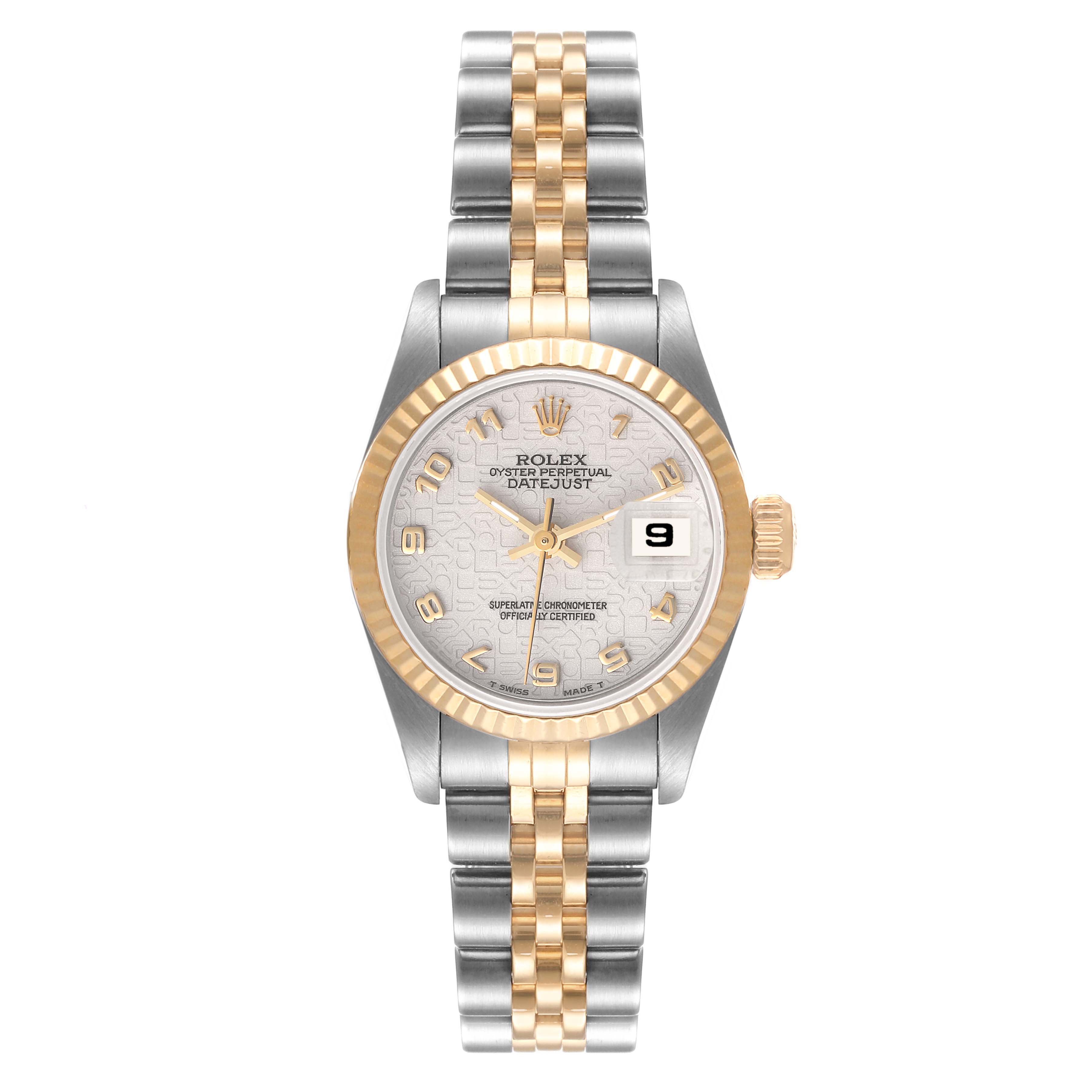 This image shows a front view of a Rolex Datejust 69173 Women's Steel and Gold (two tone) Beige Dial 69173 Women's Steel and Gold (two tone) Beige Dial watch with a silver and gold bracelet and a silver dial.