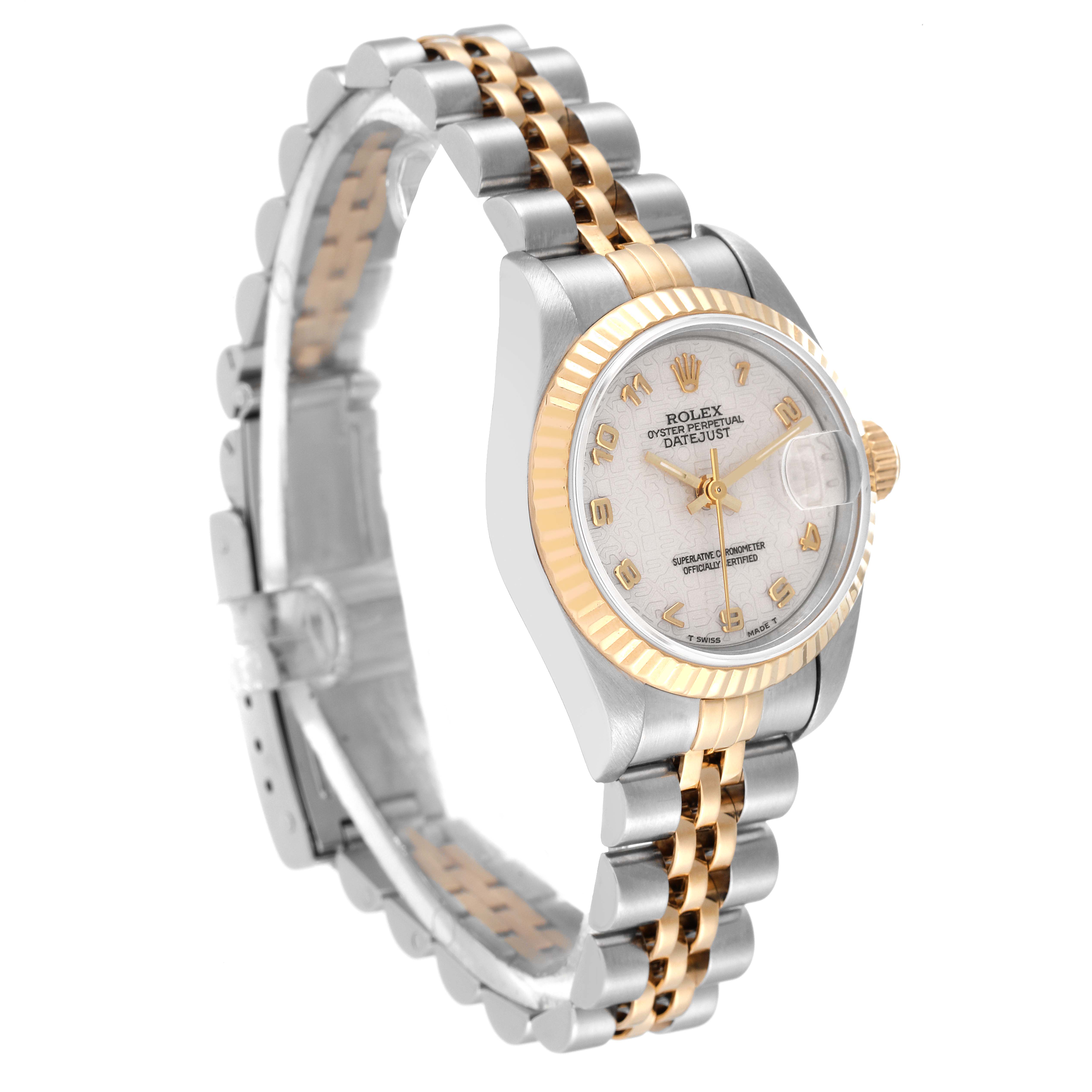 The image shows a Rolex Datejust 69173 Women's Steel and Gold (two tone) Beige Dial 69173 Women's Steel and Gold (two tone) Beige Dial model watch at an angled side view, highlighting its two-tone bracelet and gold fluted bezel.
