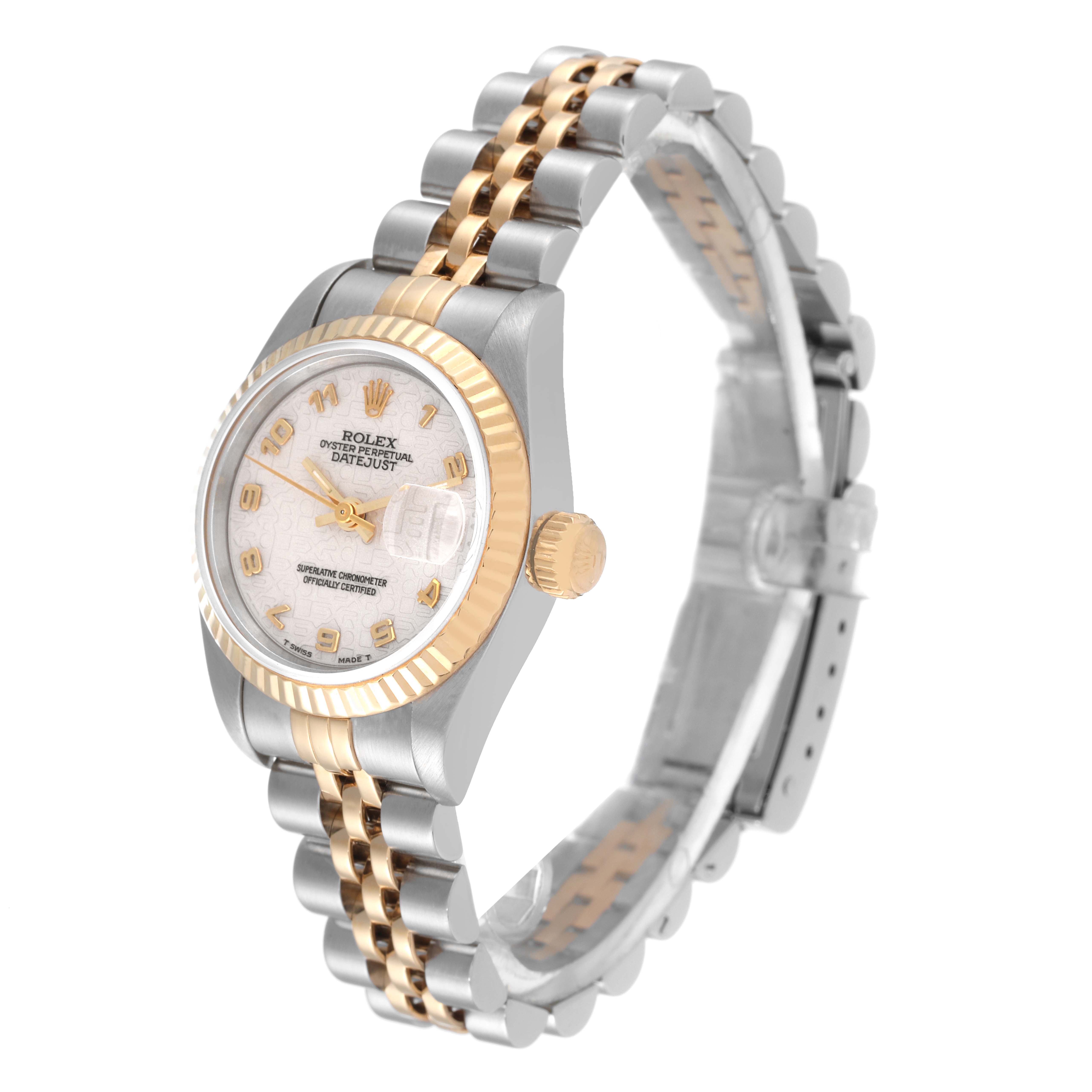 This image shows a side view of a Rolex Datejust 69173 Women's Steel and Gold (two tone) Beige Dial 69173 Women's Steel and Gold (two tone) Beige Dial watch, highlighting the dial, bezel, and part of the two-tone bracelet.