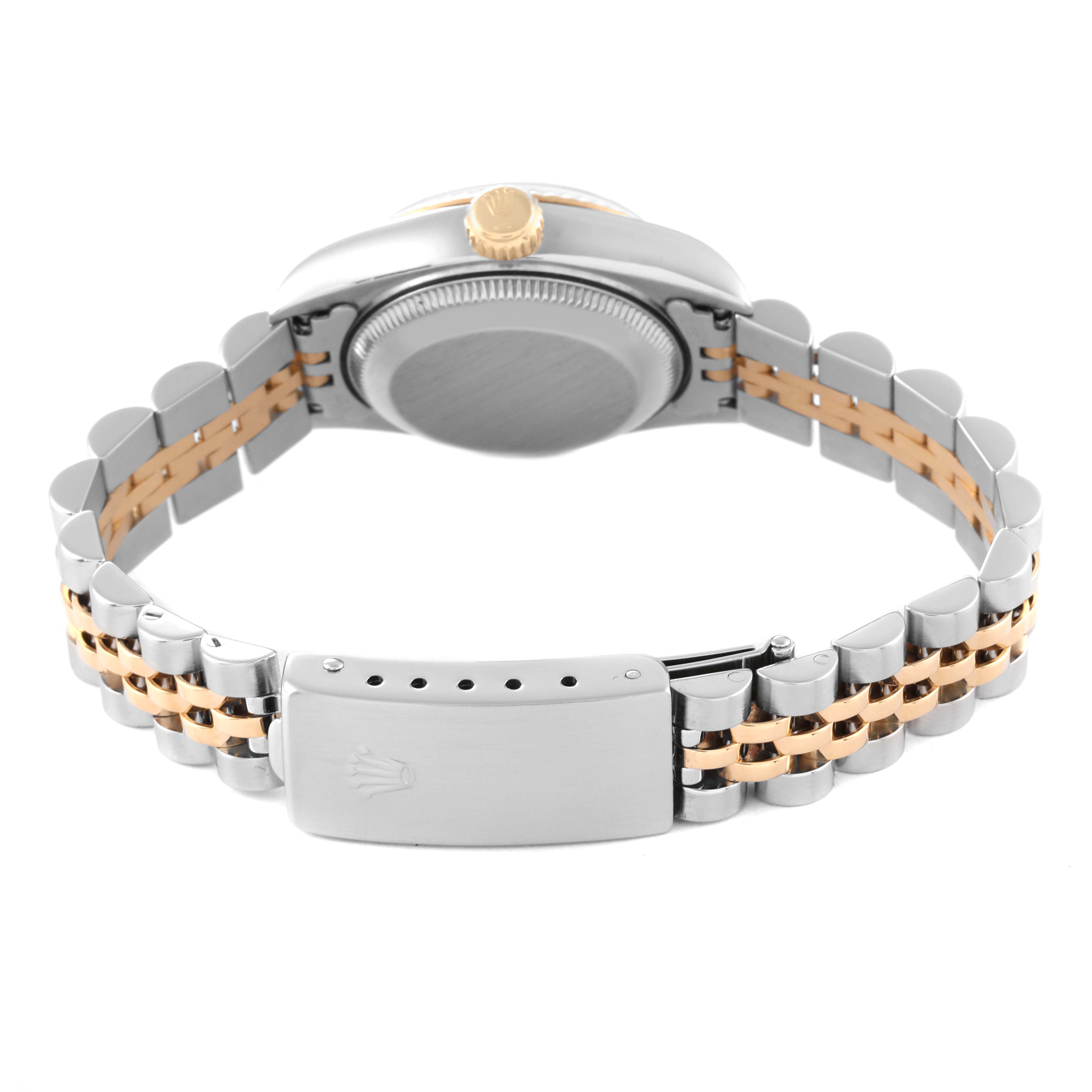 This image shows the back view of a Rolex Datejust 69173 Women's Steel and Gold (two tone) Beige Dial 69173 Women's Steel and Gold (two tone) Beige Dial watch, highlighting the clasp, bracelet, and case back.