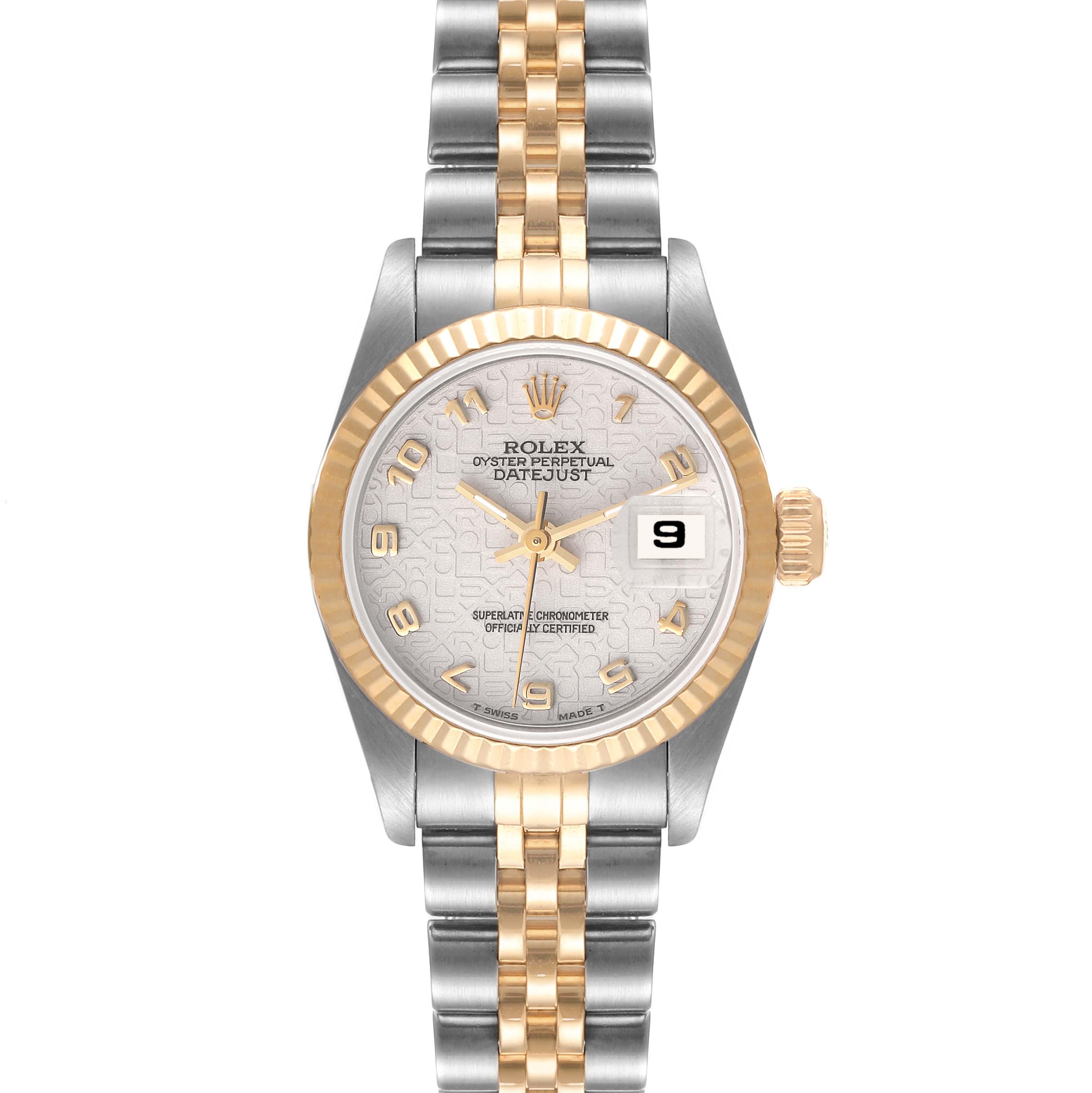 The Rolex Datejust 69173 Women's Steel and Gold (two tone) Beige Dial 69173 Women's Steel and Gold (two tone) Beige Dial watch is shown from a straight-on angle, displaying the dial, bezel, hands, crown, and bracelet.