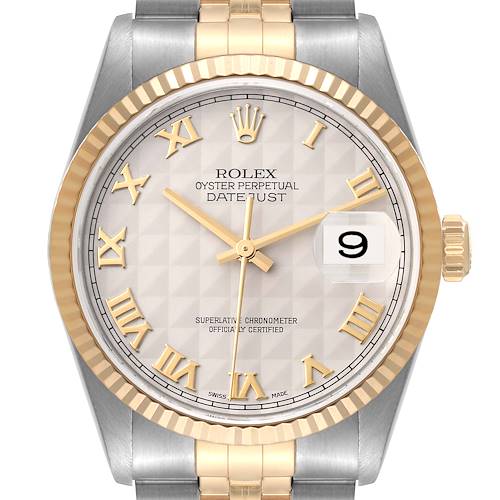 Photo of Rolex Datejust Steel Yellow Gold Ivory Pyramid Dial Mens Watch 16233 Box Papers
