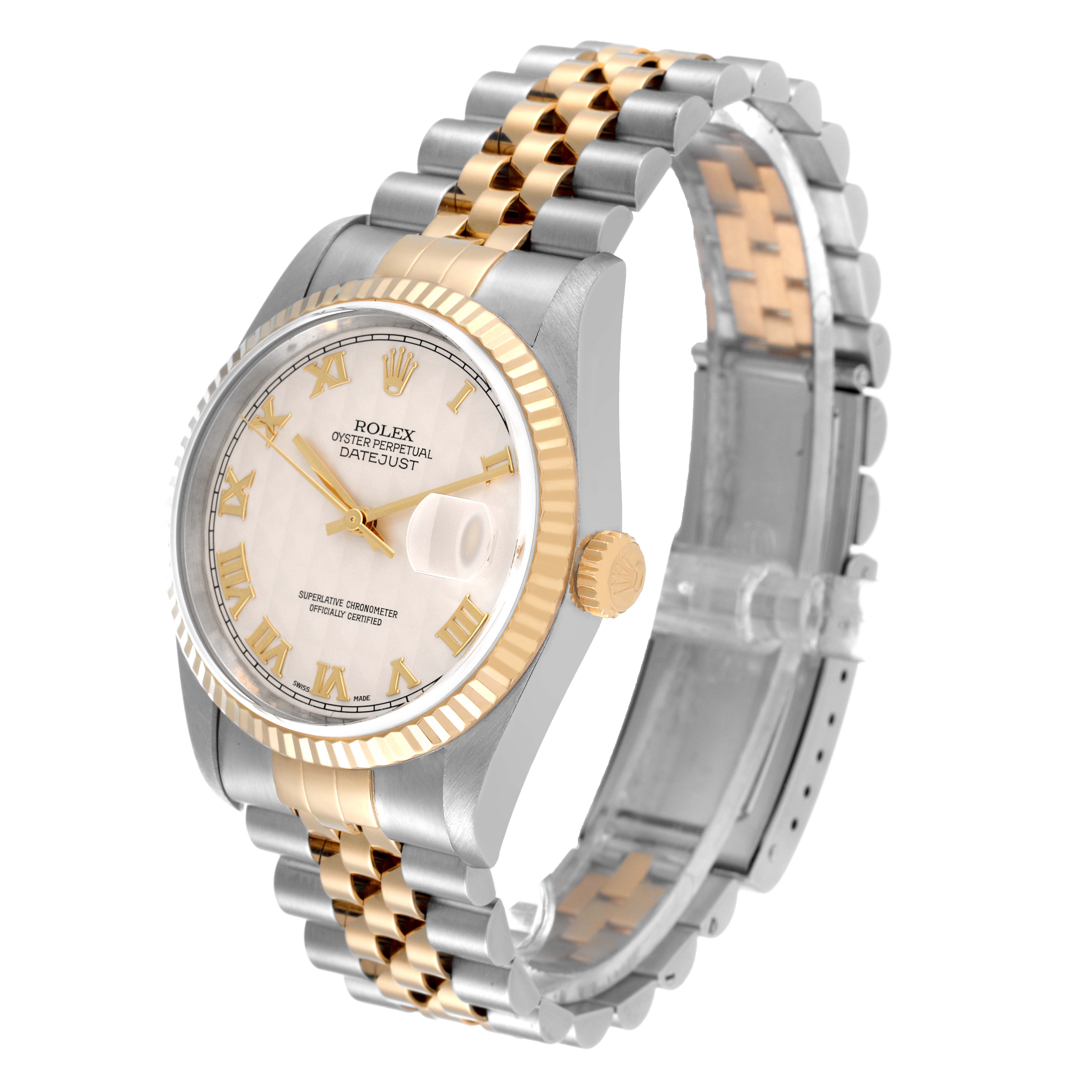 This image shows a Rolex Datejust 16233 Men's Steel and Gold (two tone) Beige Dial 16233 Men's Steel and Gold (two tone) Beige Dial watch at a 3/4 angle, highlighting the bezel, dial, crown, and bracelet.