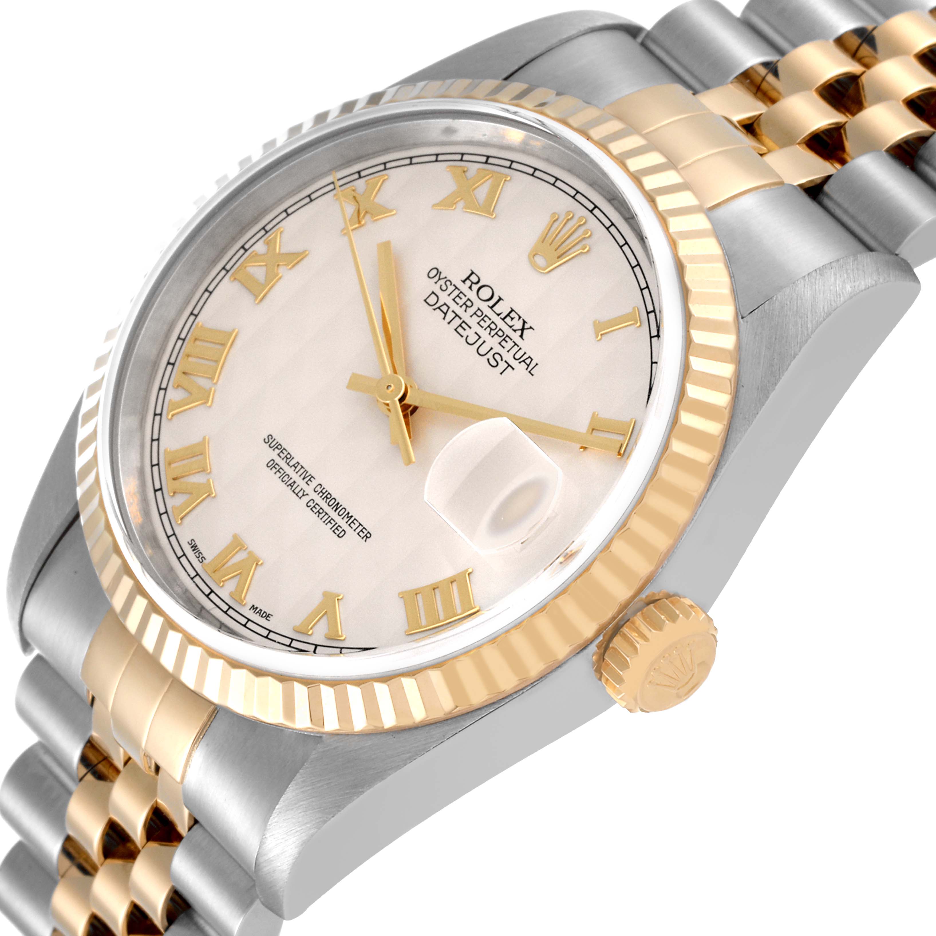 The Rolex Datejust 16233 Men's Steel and Gold (two tone) Beige Dial 16233 Men's Steel and Gold (two tone) Beige Dial watch is shown at a slight side angle, highlighting the dial, bezel, crown, and part of the bracelet.