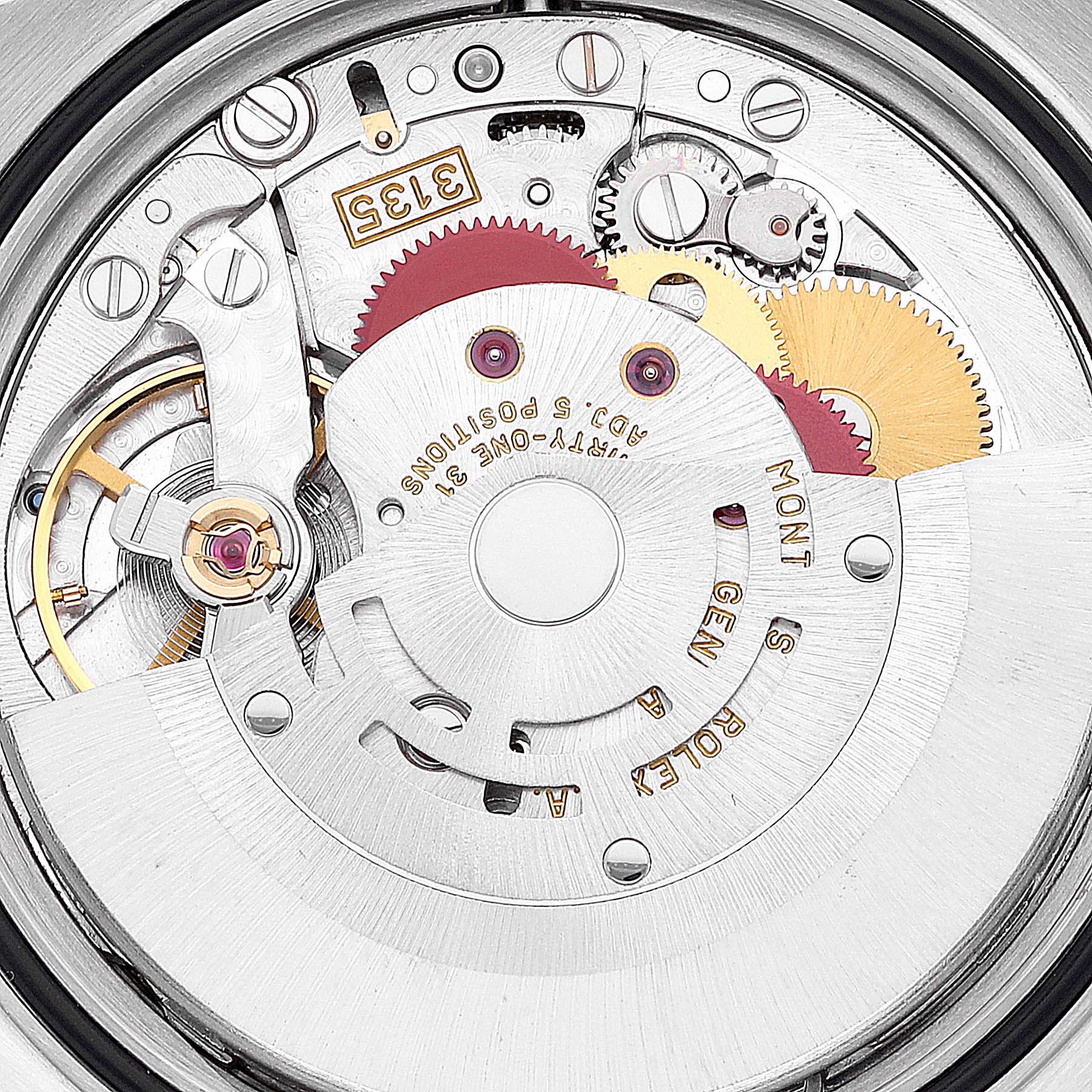 The image shows the detailed internal mechanism of a Rolex Datejust 16233 Men's Steel and Gold (two tone) Beige Dial 16233 Men's Steel and Gold (two tone) Beige Dial watch, viewed from the back.