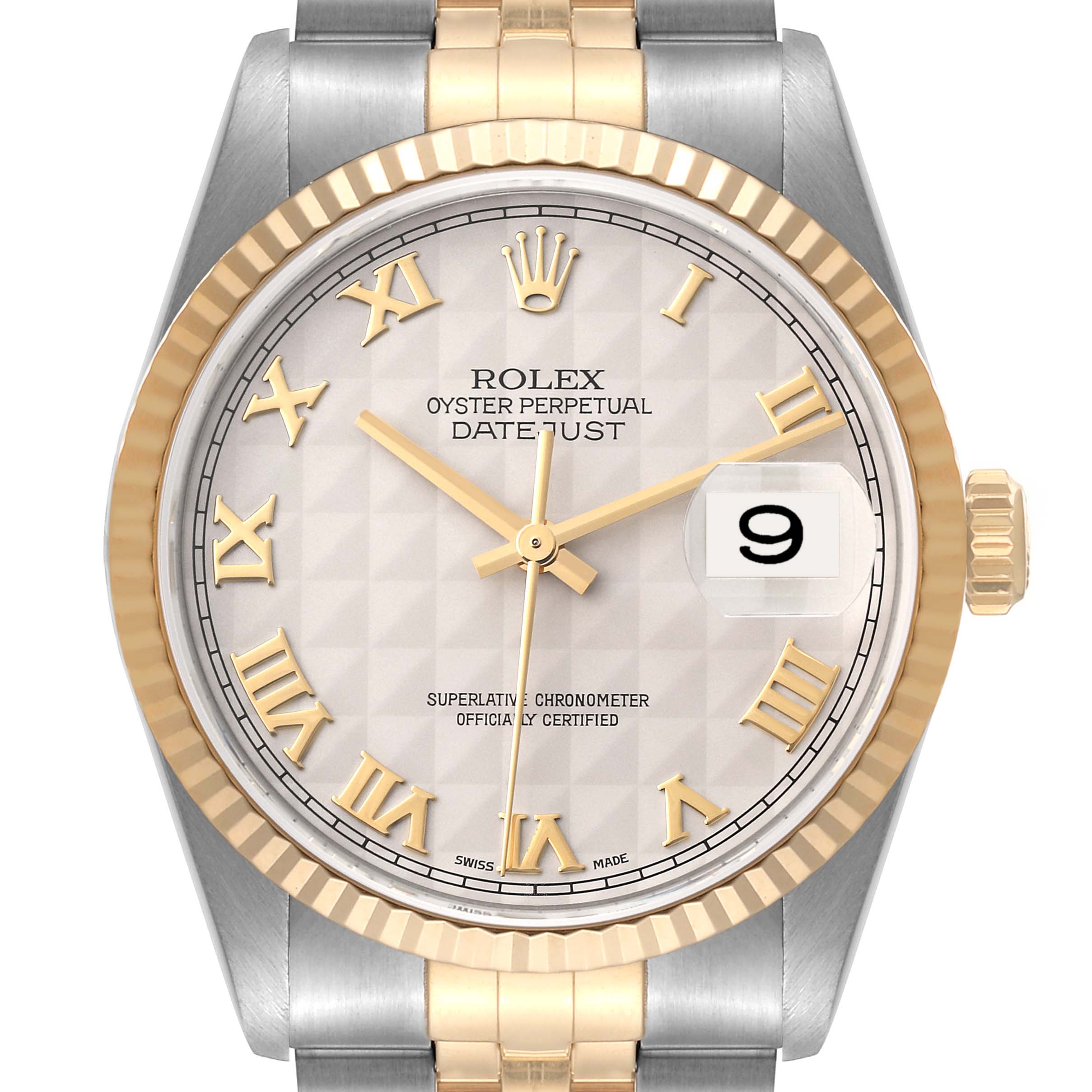 The image shows a front view of a Rolex Datejust 16233 Men's Steel and Gold (two tone) Beige Dial 16233 Men's Steel and Gold (two tone) Beige Dial watch, highlighting the dial, bezel, crown, and part of the bracelet.