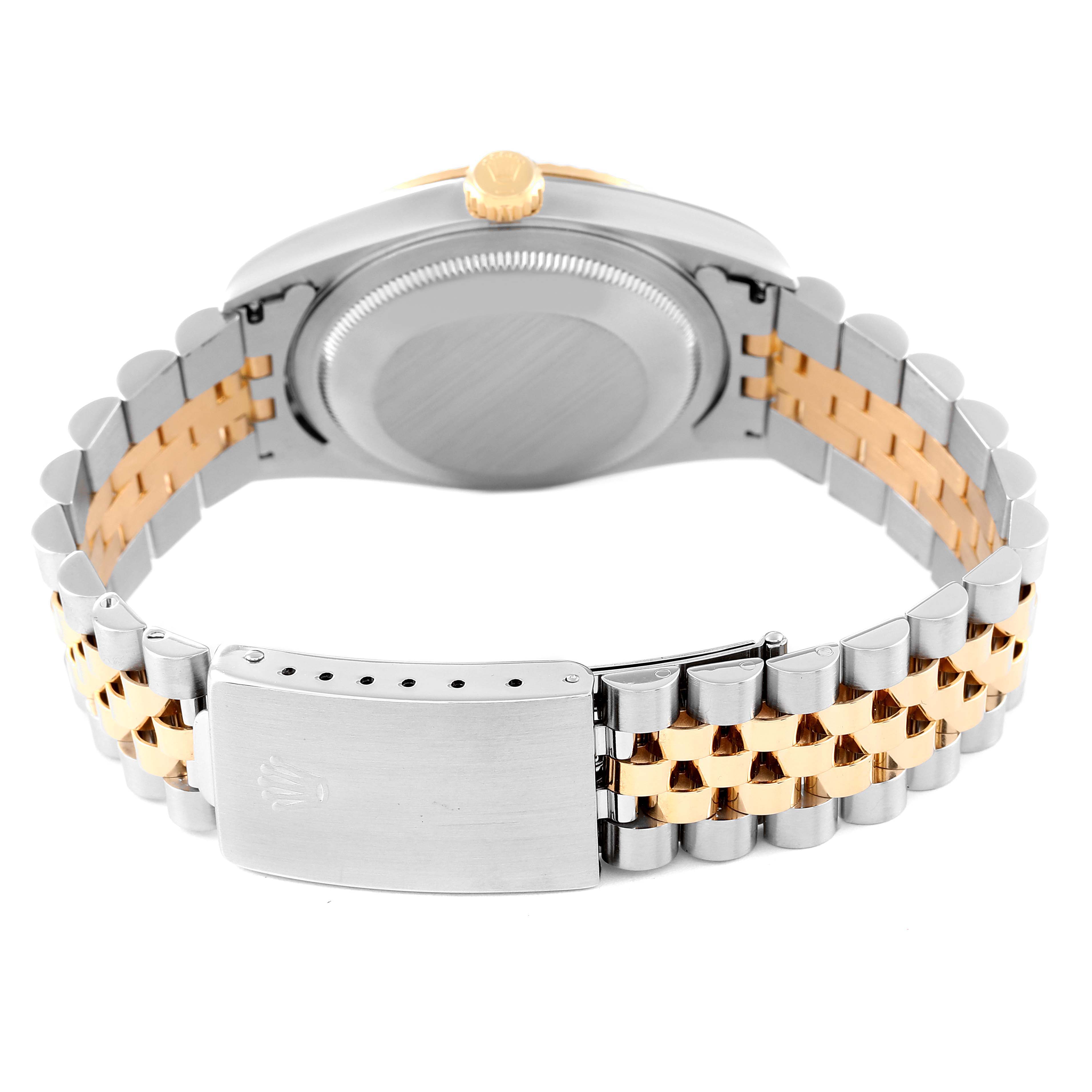 The image shows the back view of the Rolex Datejust 16233 Men's Steel and Gold (two tone) Beige Dial 16233 Men's Steel and Gold (two tone) Beige Dial watch, highlighting its case back and two-tone bracelet.