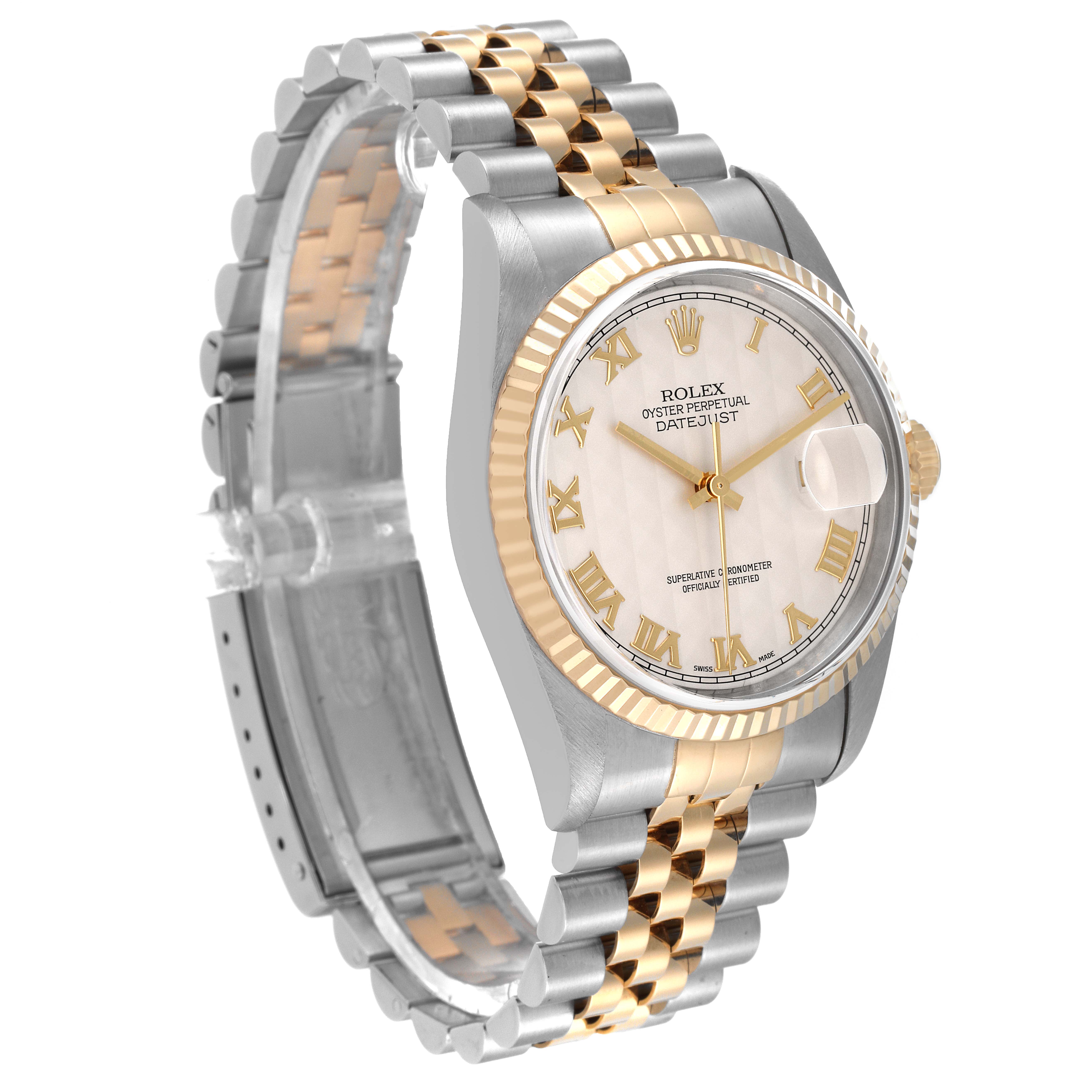 The image shows a Rolex Datejust 16233 Men's Steel and Gold (two tone) Beige Dial 16233 Men's Steel and Gold (two tone) Beige Dial watch at a slight angle, highlighting the face, bezel, and two-tone metal bracelet.