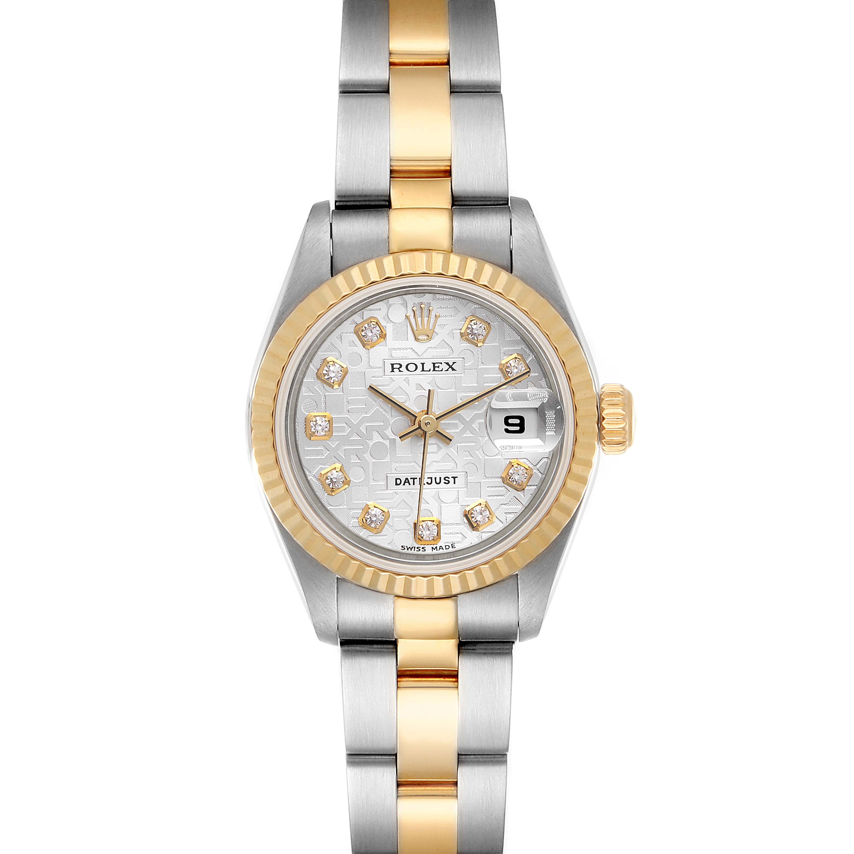 The image shows a front view of the Rolex Datejust 79173 Women's Steel and Gold (two tone) Silver Dial 79173 Women's Steel and Gold (two tone) Silver Dial watch, highlighting the face, bezel, and two-tone bracelet.