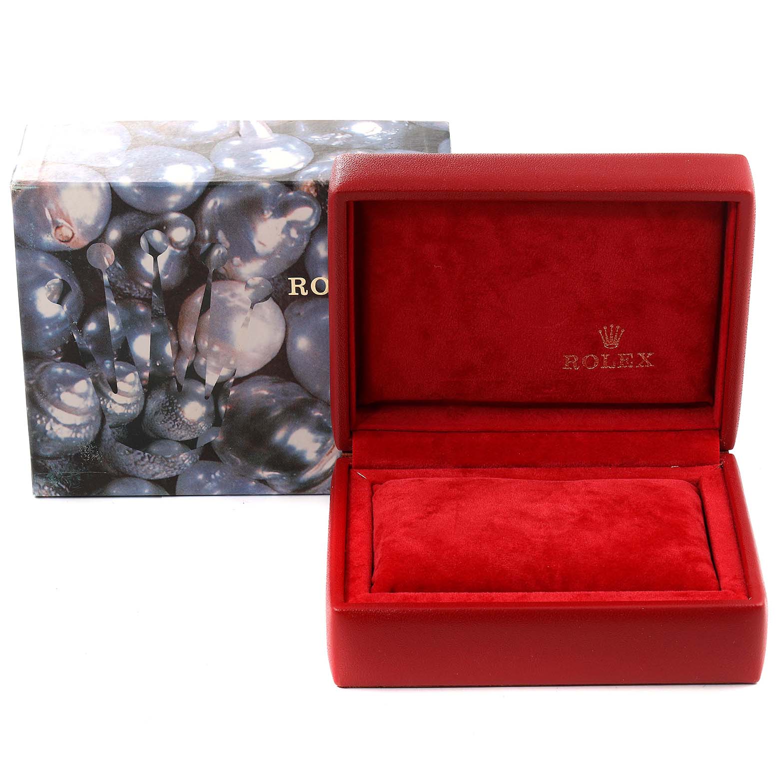 The image shows an open red Rolex Datejust 79173 Women's Steel and Gold (two tone) Silver Dial 79173 Women's Steel and Gold (two tone) Silver Dial watch box and its outer decorative box.