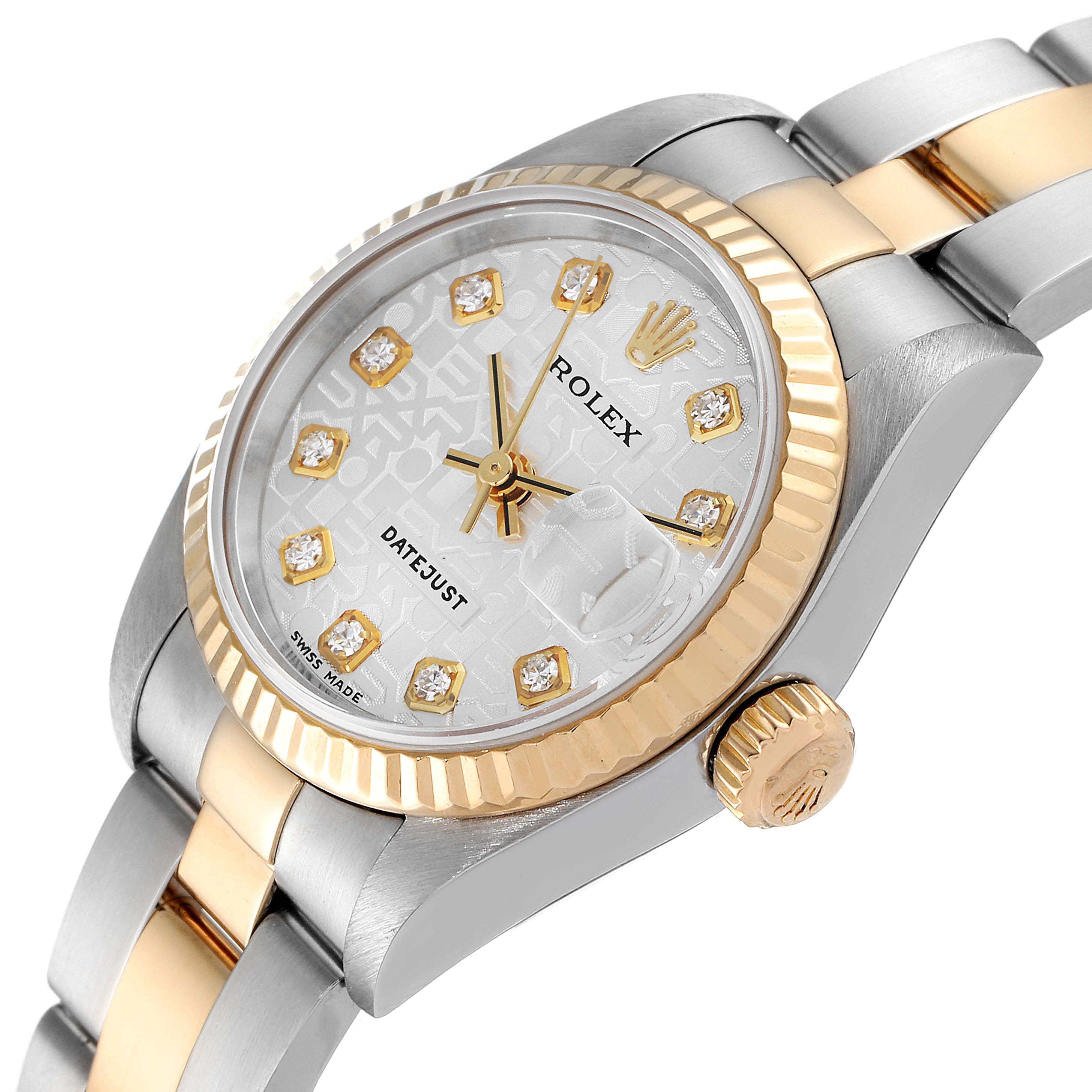 The image shows a close-up, side angle of the Rolex Datejust 79173 Women's Steel and Gold (two tone) Silver Dial 79173 Women's Steel and Gold (two tone) Silver Dial model, highlighting the face, bezel, crown, and part of the bracelet.