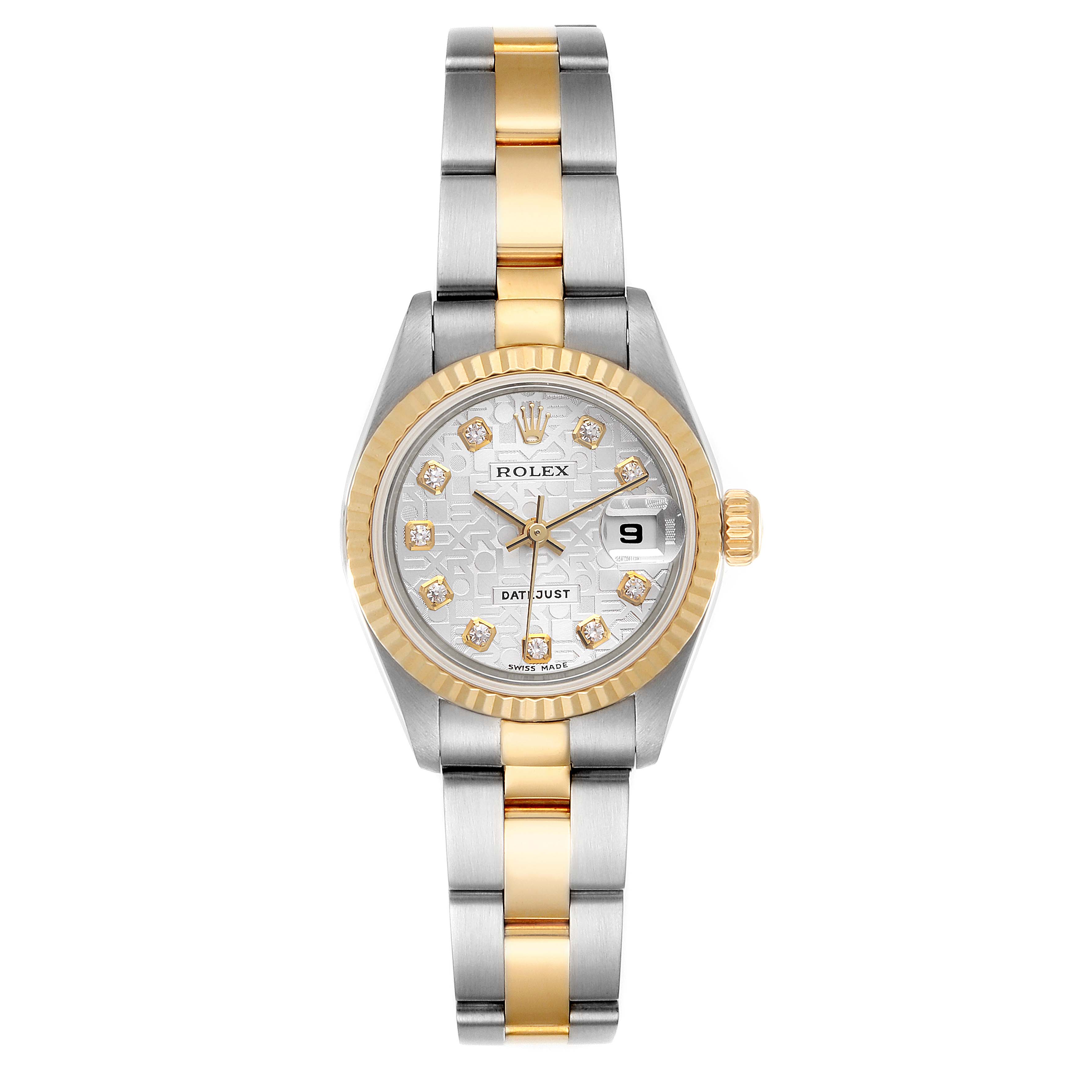 This Rolex Datejust 79173 Women's Steel and Gold (two tone) Silver Dial 79173 Women's Steel and Gold (two tone) Silver Dial watch is shown from a top view, featuring its dial, bezel, and bracelet.