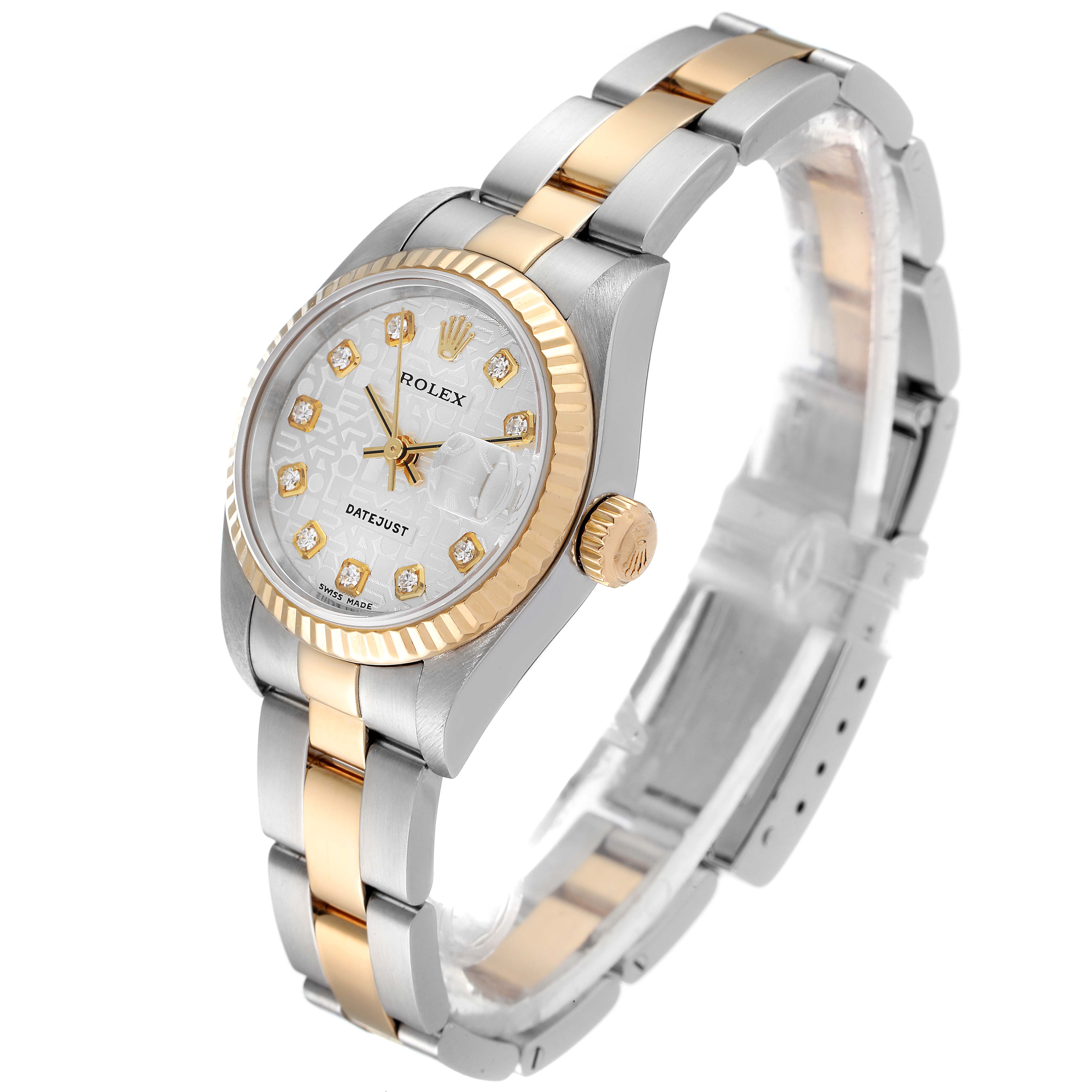 The image shows a Rolex Datejust 79173 Women's Steel and Gold (two tone) Silver Dial 79173 Women's Steel and Gold (two tone) Silver Dial model watch at an angled side view, highlighting its bracelet, bezel, and dial.