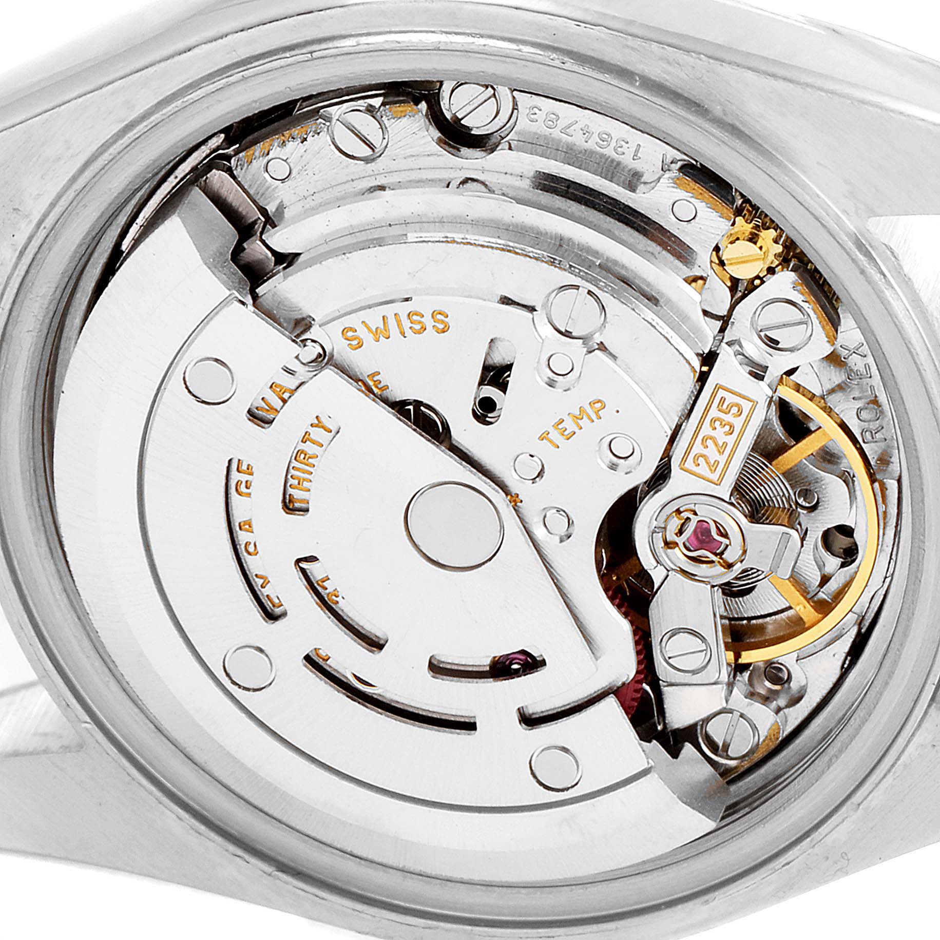 The image shows an angled close-up of the movement mechanism of a Rolex Datejust 79173 Women's Steel and Gold (two tone) Silver Dial 79173 Women's Steel and Gold (two tone) Silver Dial watch.