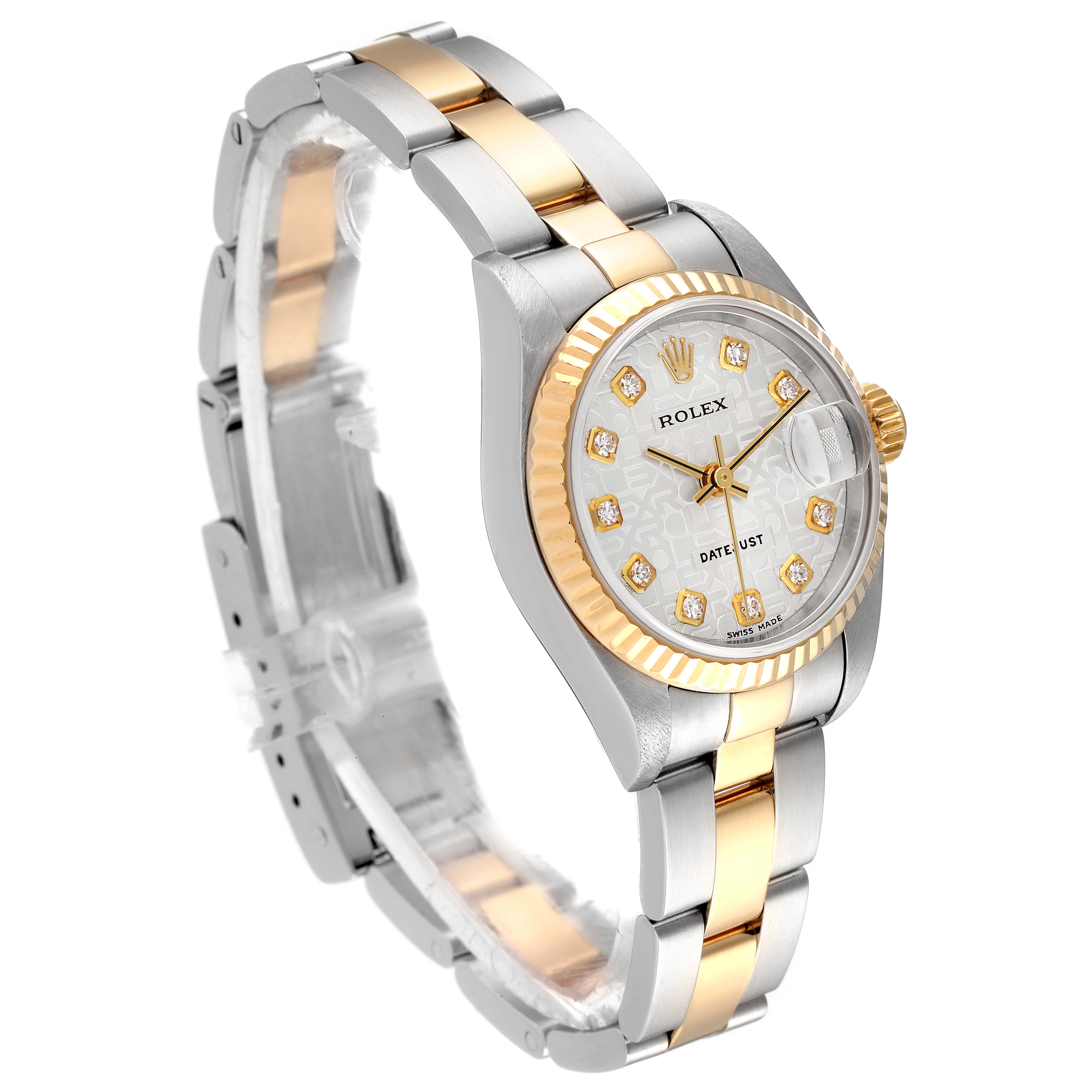 The Rolex Datejust 79173 Women's Steel and Gold (two tone) Silver Dial 79173 Women's Steel and Gold (two tone) Silver Dial watch is shown from a three-quarter angle, highlighting its two-tone bracelet and diamond-accented dial.