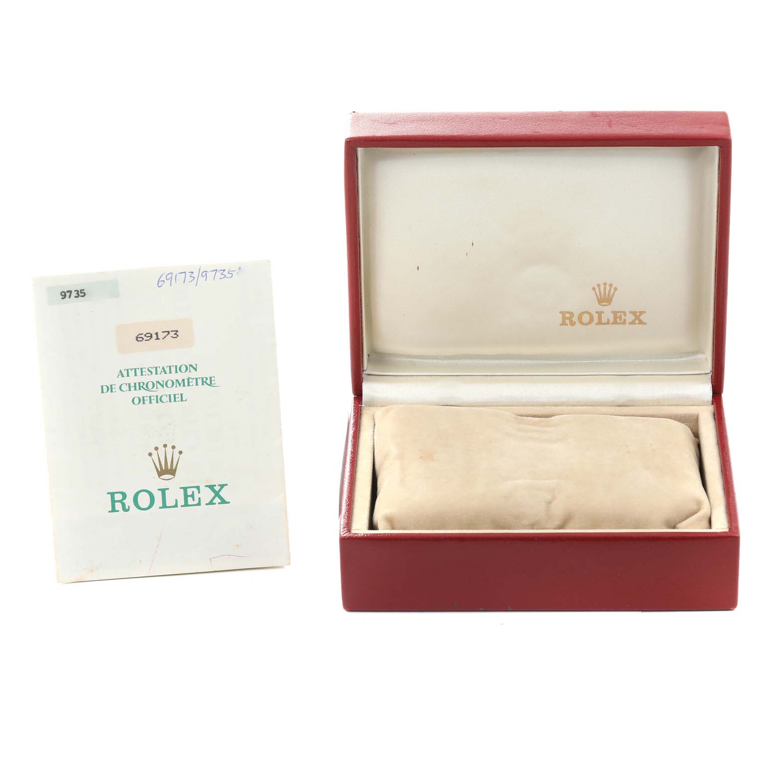 The image shows an open red Rolex Datejust 69173 Women's Steel and Gold (two tone) White Dial 69173 Women's Steel and Gold (two tone) White Dial watch box and an official chronometer certificate.