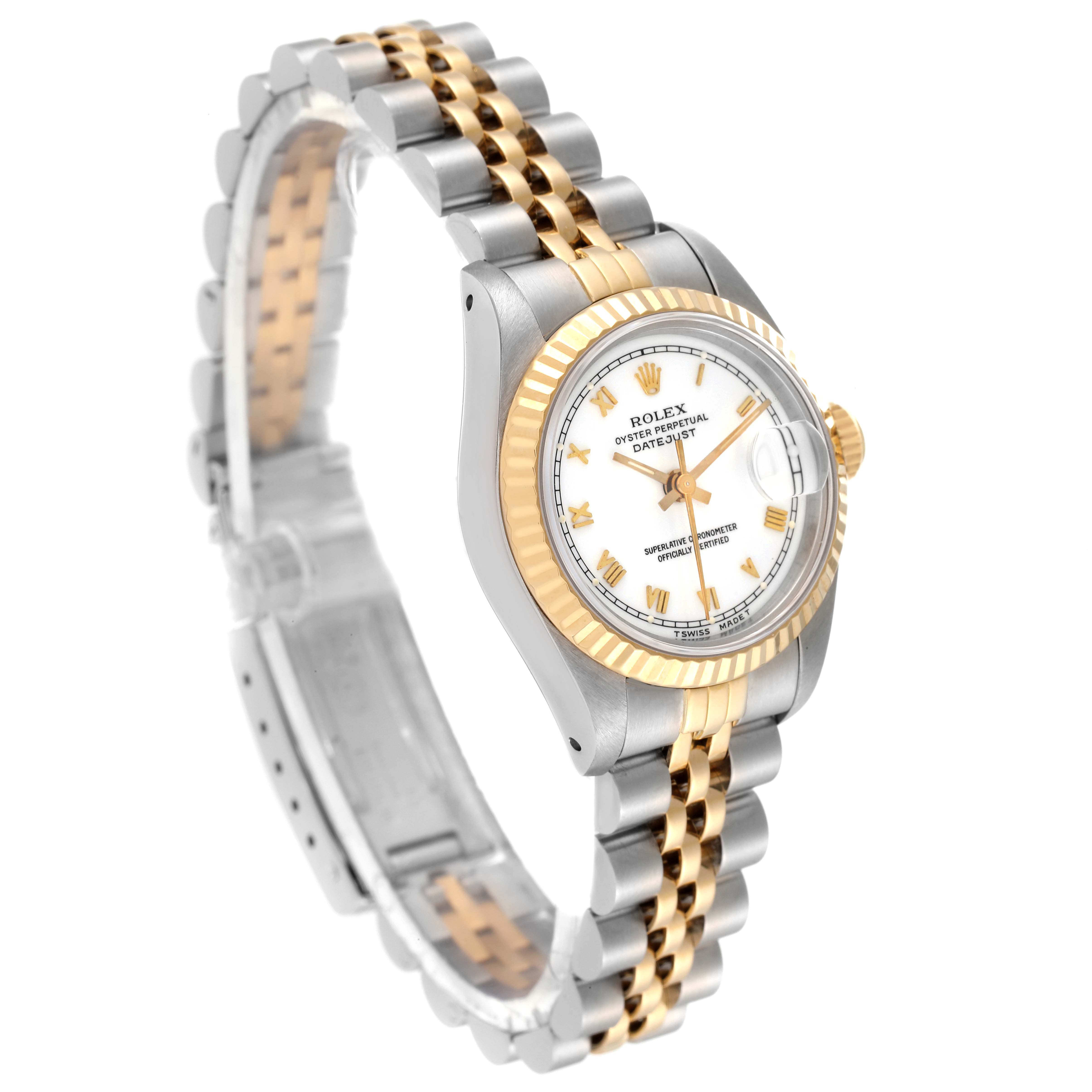 The image shows a Rolex Datejust 69173 Women's Steel and Gold (two tone) White Dial 69173 Women's Steel and Gold (two tone) White Dial watch at a slight angle, showcasing its dial, bezel, and Jubilee two-tone bracelet.