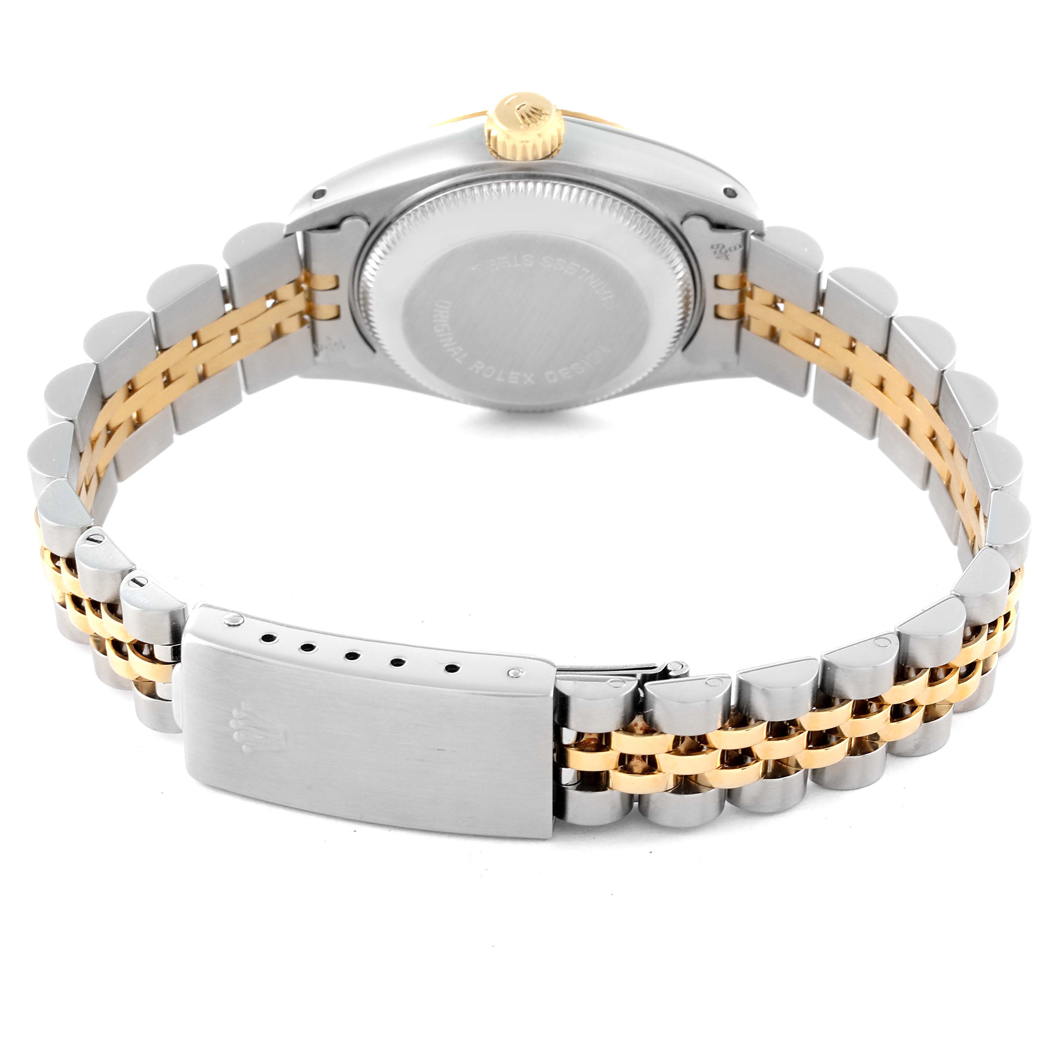 This image shows the case back and bracelet clasp of a Rolex Datejust 69173 Women's Steel and Gold (two tone) White Dial 69173 Women's Steel and Gold (two tone) White Dial watch, viewed from the rear.