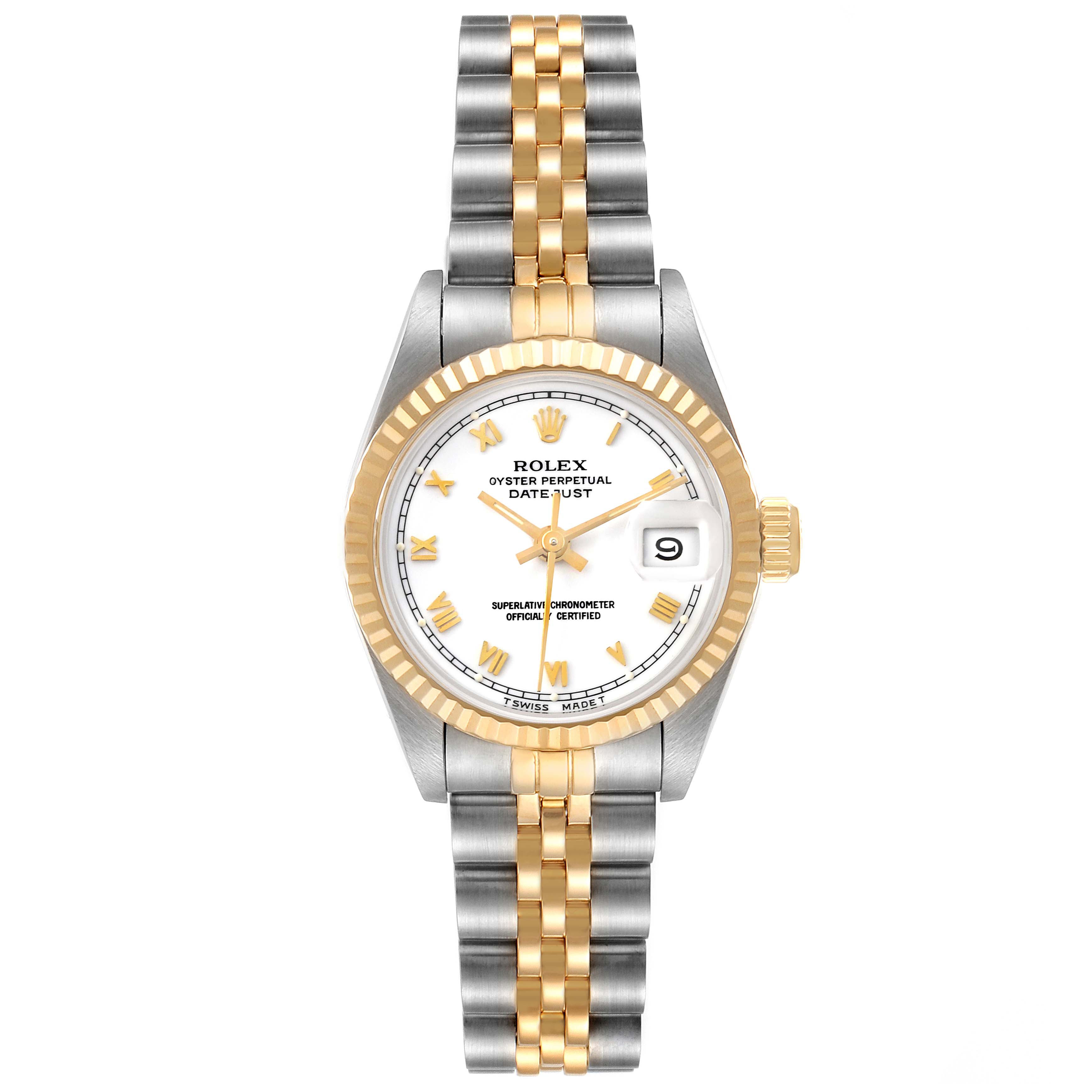 The image shows the front view of a Rolex Datejust 69173 Women's Steel and Gold (two tone) White Dial 69173 Women's Steel and Gold (two tone) White Dial watch, featuring a two-tone bracelet, gold bezel, white dial, roman numerals, and date window.