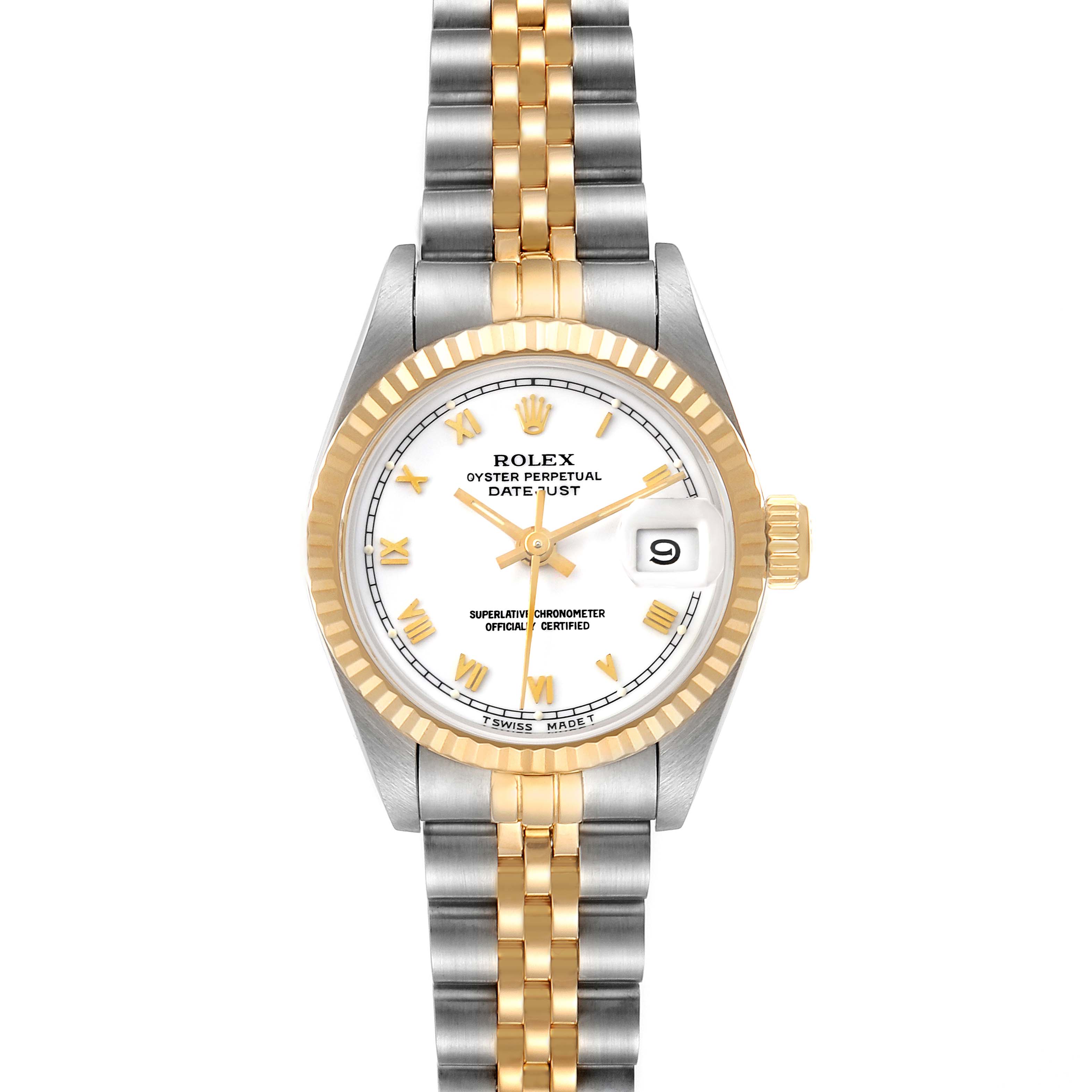 The Rolex Datejust 69173 Women's Steel and Gold (two tone) White Dial 69173 Women's Steel and Gold (two tone) White Dial watch is shown from a top-down angle, highlighting the face, bezel, crown, and bracelet.