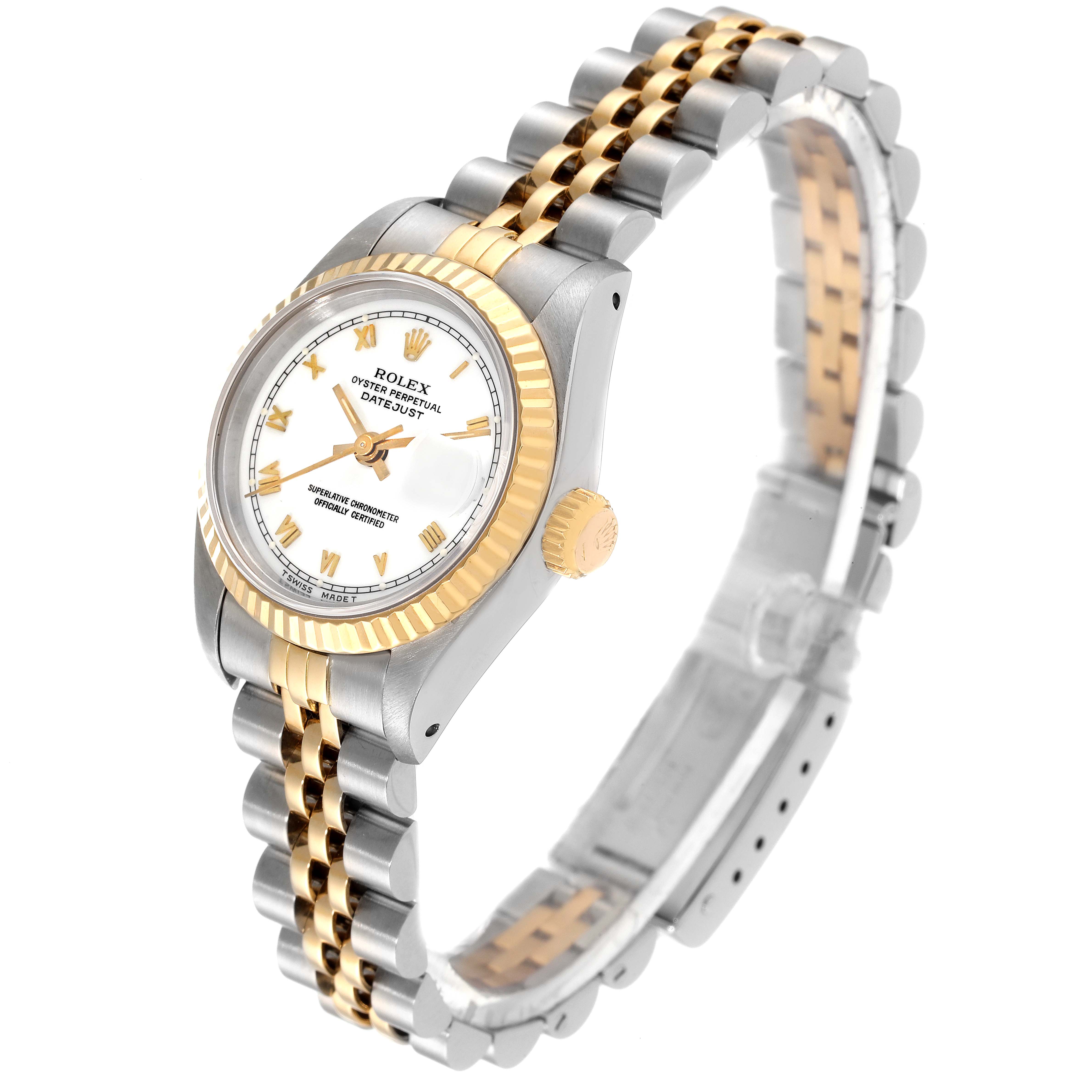 The Rolex Datejust 69173 Women's Steel and Gold (two tone) White Dial 69173 Women's Steel and Gold (two tone) White Dial watch is shown at a three-quarter angle, highlighting the dial, fluted bezel, and two-tone bracelet.