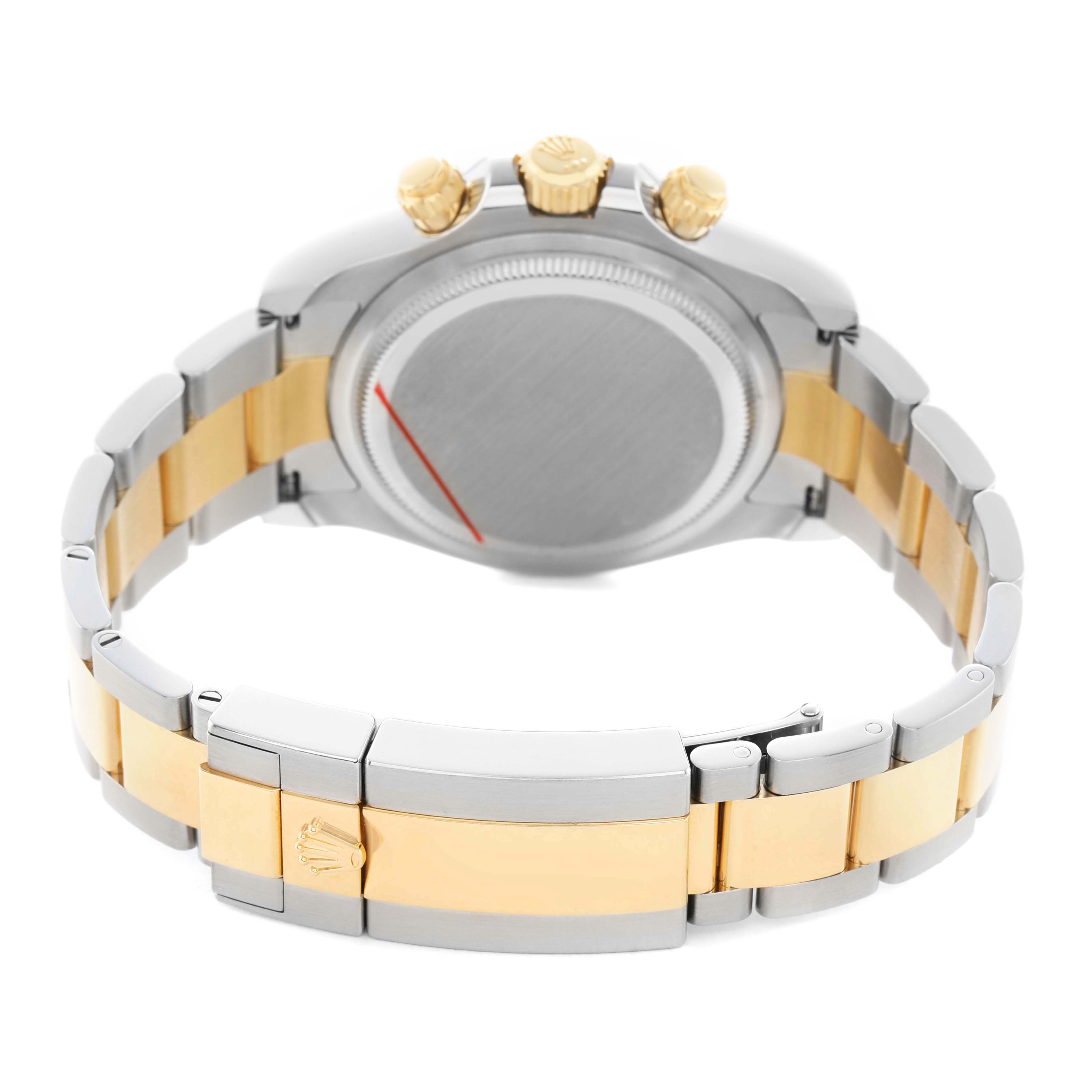 The image shows the back view of a Rolex Daytona 126503 Men's Steel and Gold (two tone) Black Dial watch, highlighting the clasp, bracelet, case back, and crown.