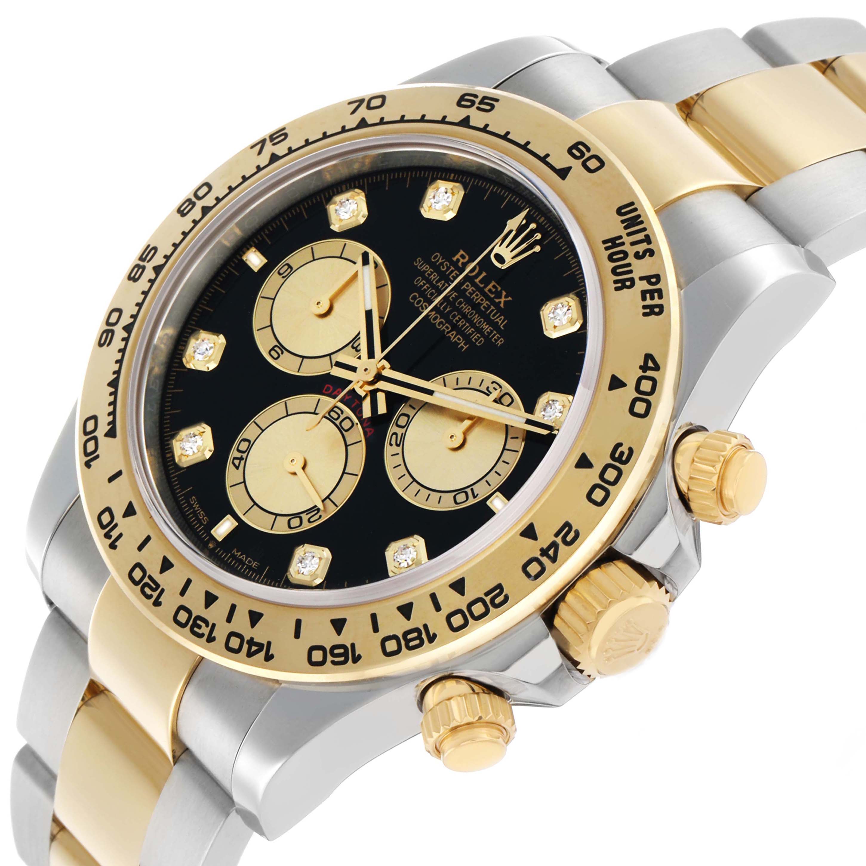 The Rolex Daytona 126503 Men's Steel and Gold (two tone) Black Dial watch is shown at an angle highlighting the bezel, dial, crown, and part of the bracelet.
