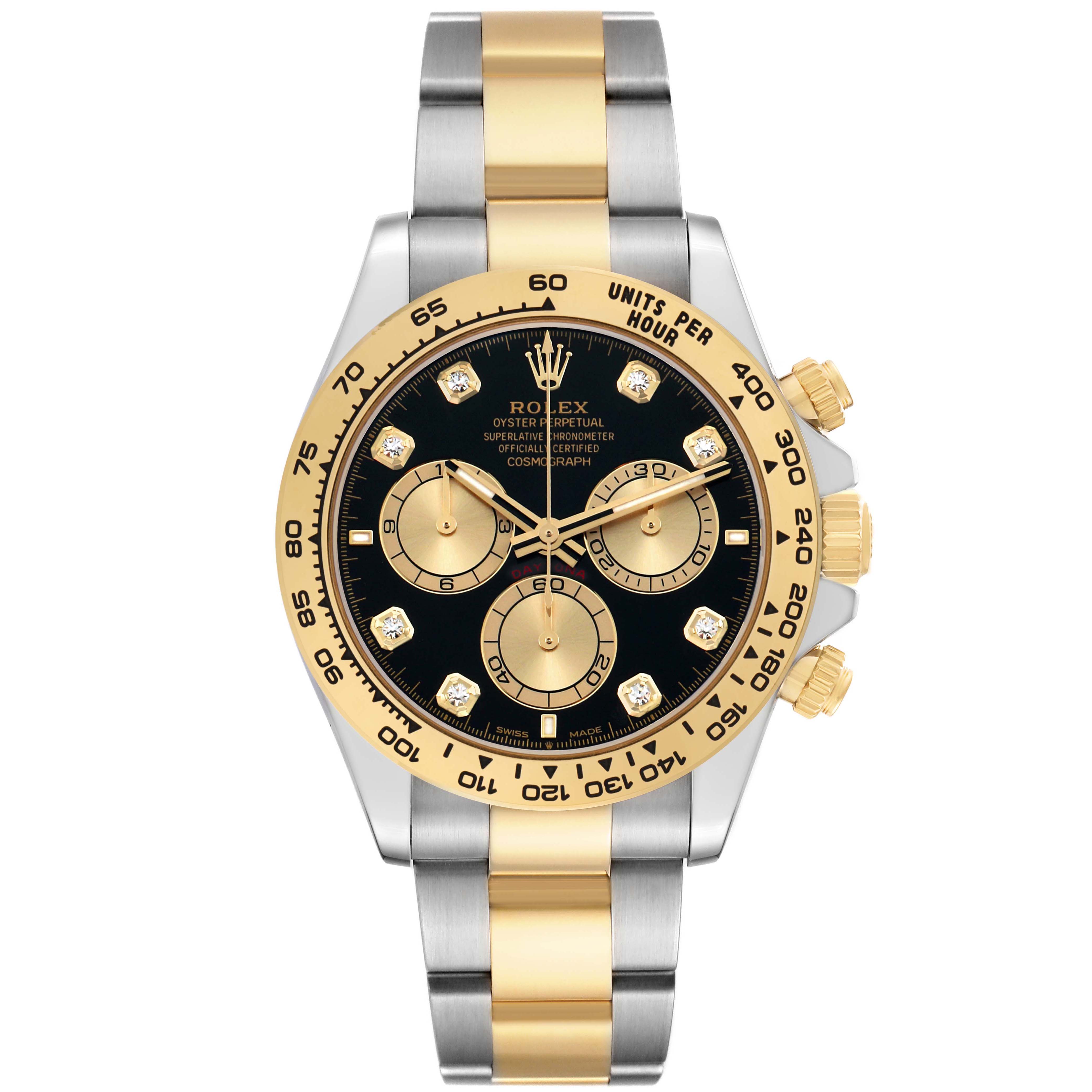 The image shows a Rolex Daytona 126503 Men's Steel and Gold (two tone) Black Dial watch, front view, highlighting the two-tone bracelet, black dial, and gold bezel with three sub-dials.