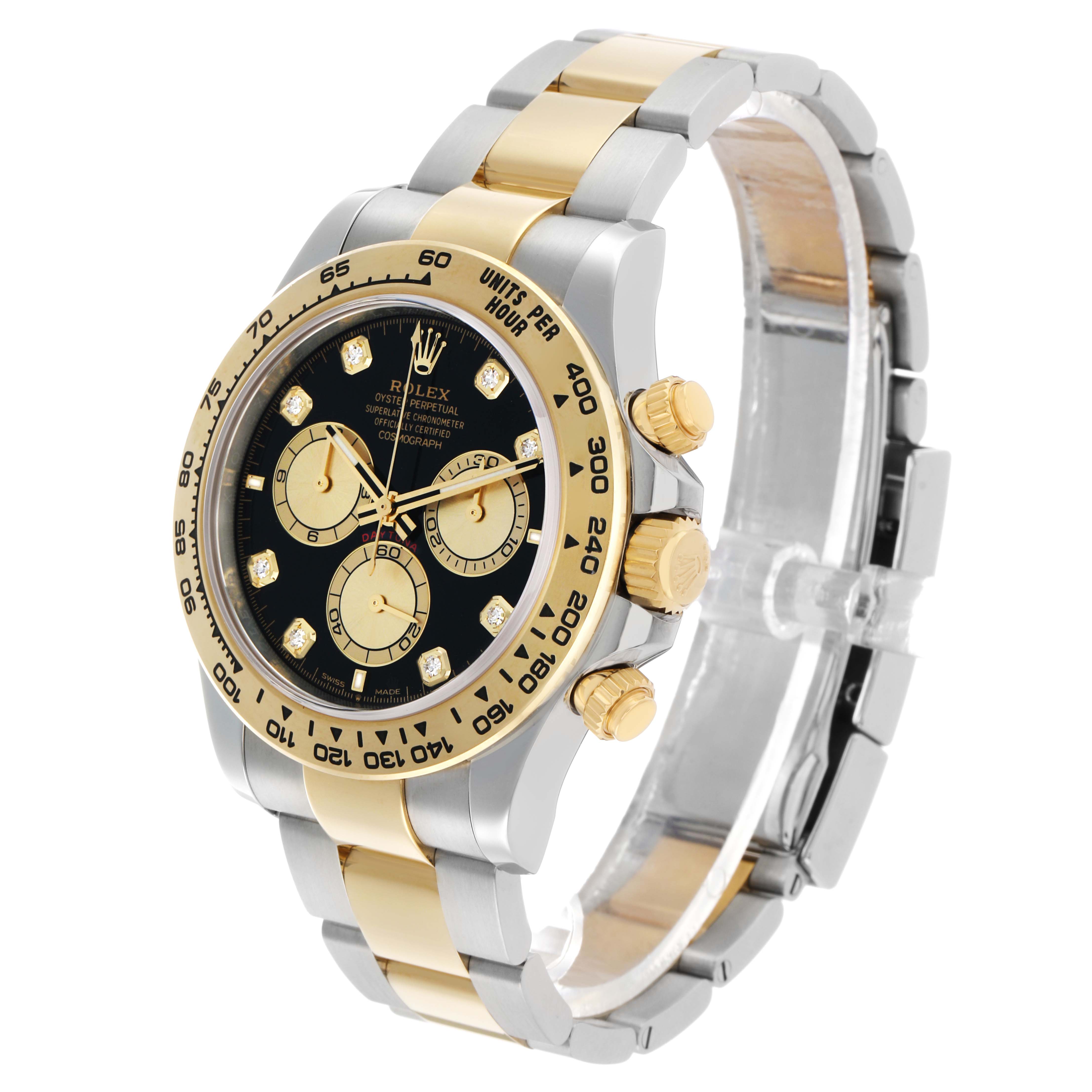 The Rolex Daytona 126503 Men's Steel and Gold (two tone) Black Dial watch is shown at a three-quarter angle, highlighting the face, bezel, crown, and bracelet.