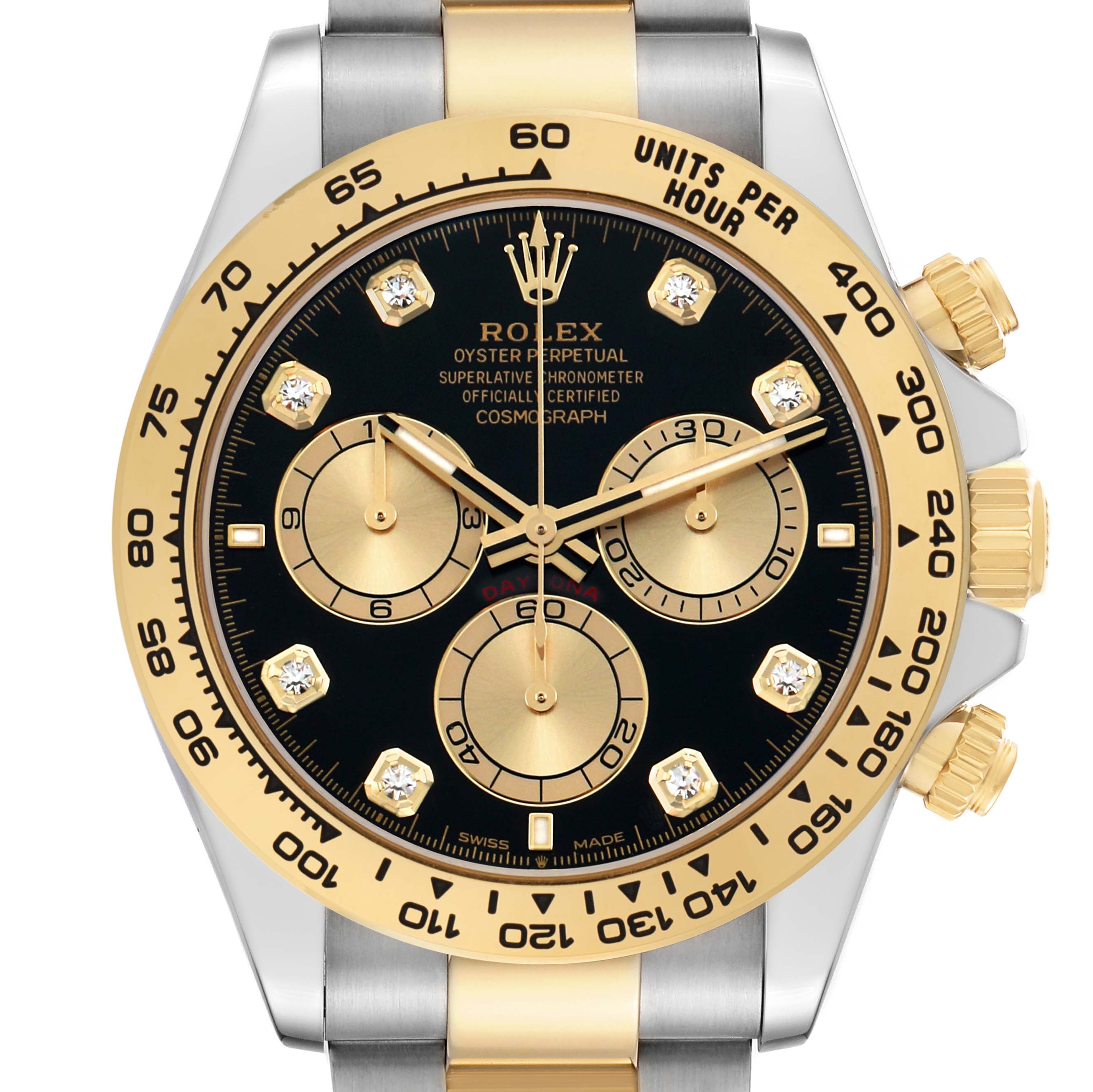 The Rolex Daytona 126503 Men's Steel and Gold (two tone) Black Dial watch is shown from the front, highlighting its bezel, dial, and subdials, with a focus on its gold and stainless steel details.