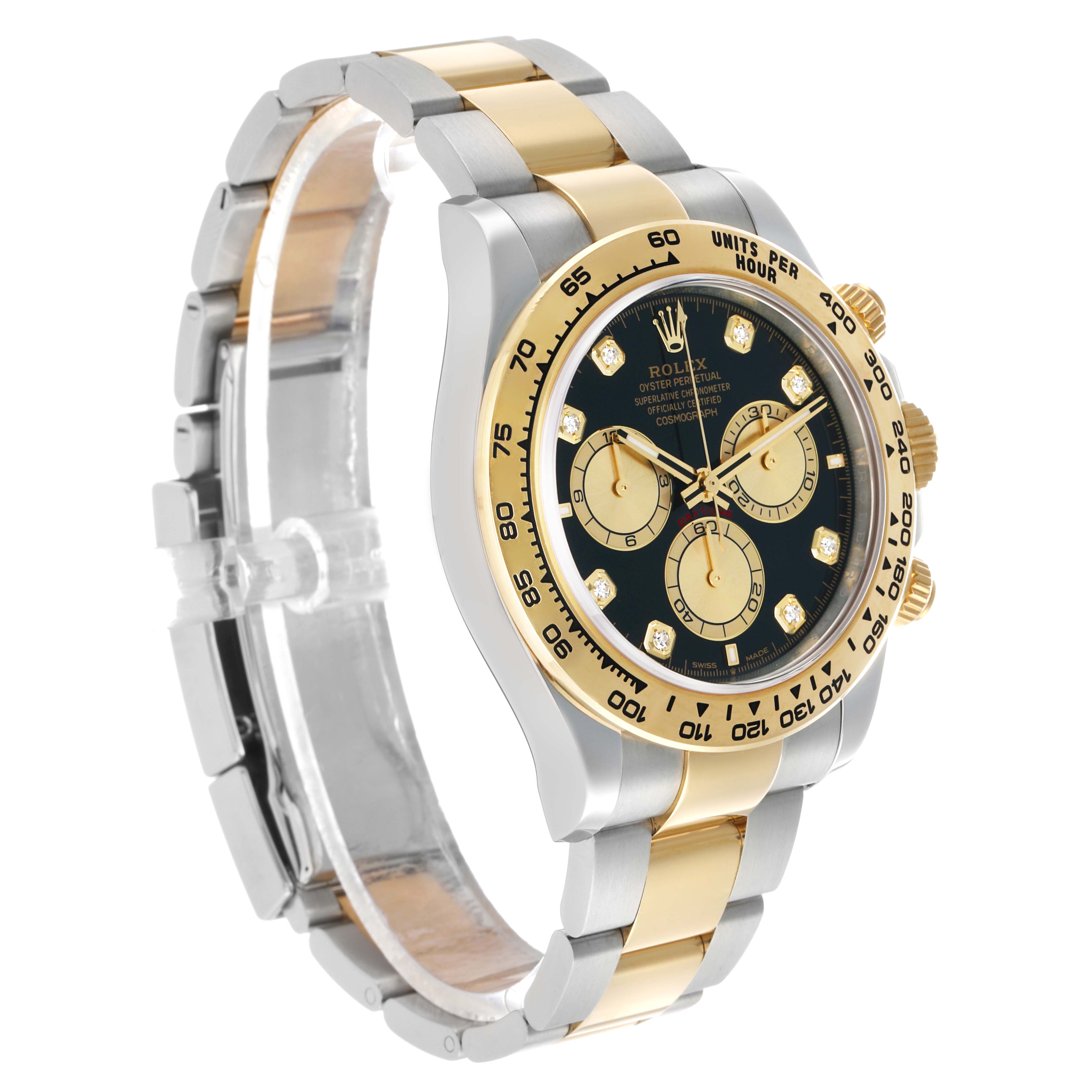 The image shows a Rolex Daytona 126503 Men's Steel and Gold (two tone) Black Dial at a 3/4 angle, featuring a gold and silver bracelet, a black dial, and three subdials.