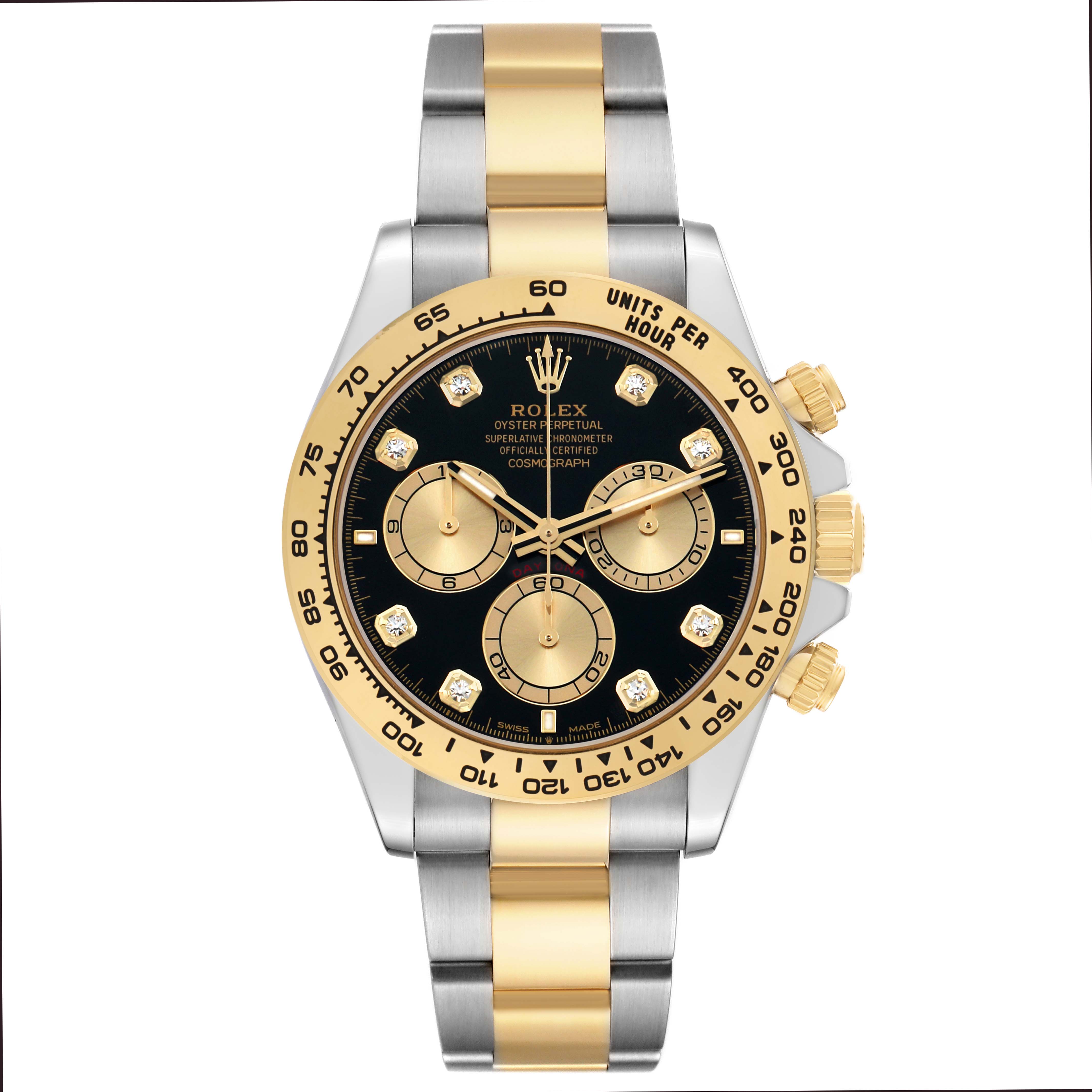 The Rolex Daytona 126503 Men's Steel and Gold (two tone) Black Dial is shown from the front, featuring a gold and black dial, three subdials, and a two-tone bracelet.