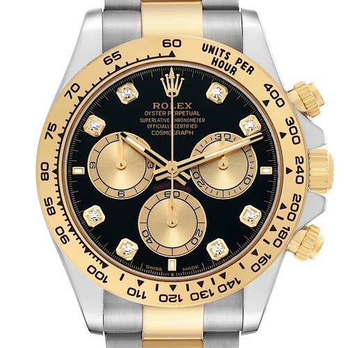 The image shows a front view of a Rolex Daytona 126503 Men's Steel and Gold (two tone) Black Dial watch with a gold and black bezel, subdials, and diamond markers.