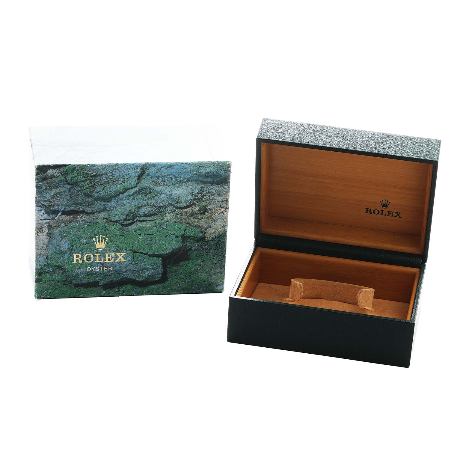 The image shows an open Rolex Explorer 16570 Men's Stainless Steel White Dial watch box and its outer packaging from a front angle.