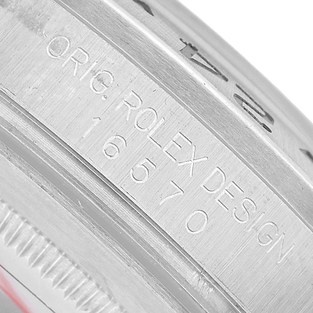 The image shows a close-up of the case side of the Rolex Explorer 16570 Men's Stainless Steel White Dial, highlighting the engraved model number "16570."