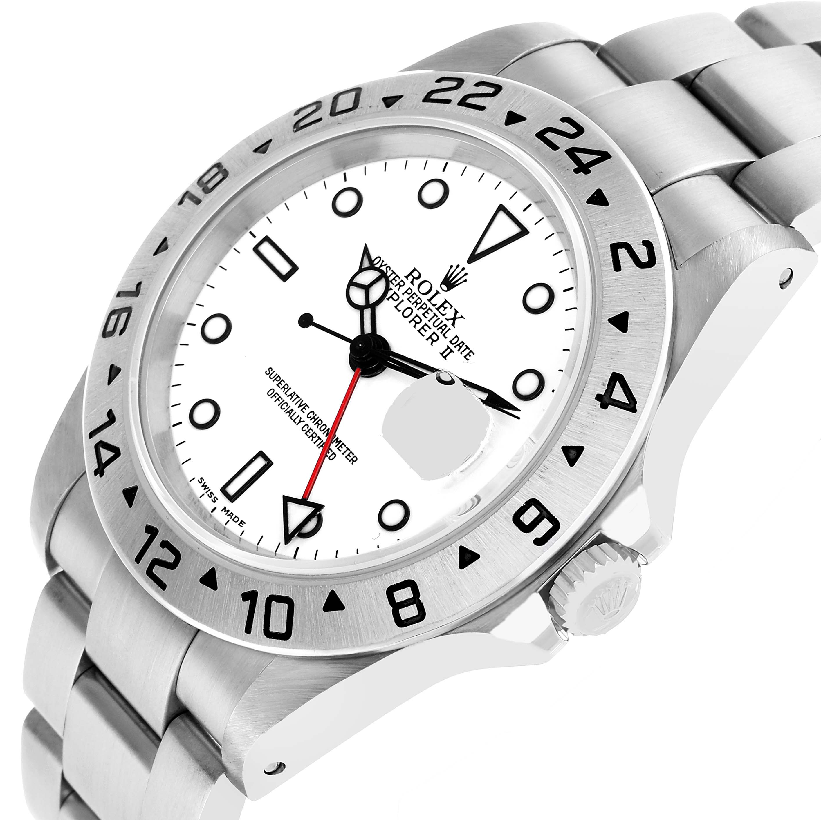 The Rolex Explorer 16570 Men's Stainless Steel White Dial watch is shown at an angled view, displaying the bracelet, bezel, and dial with its detailed features.