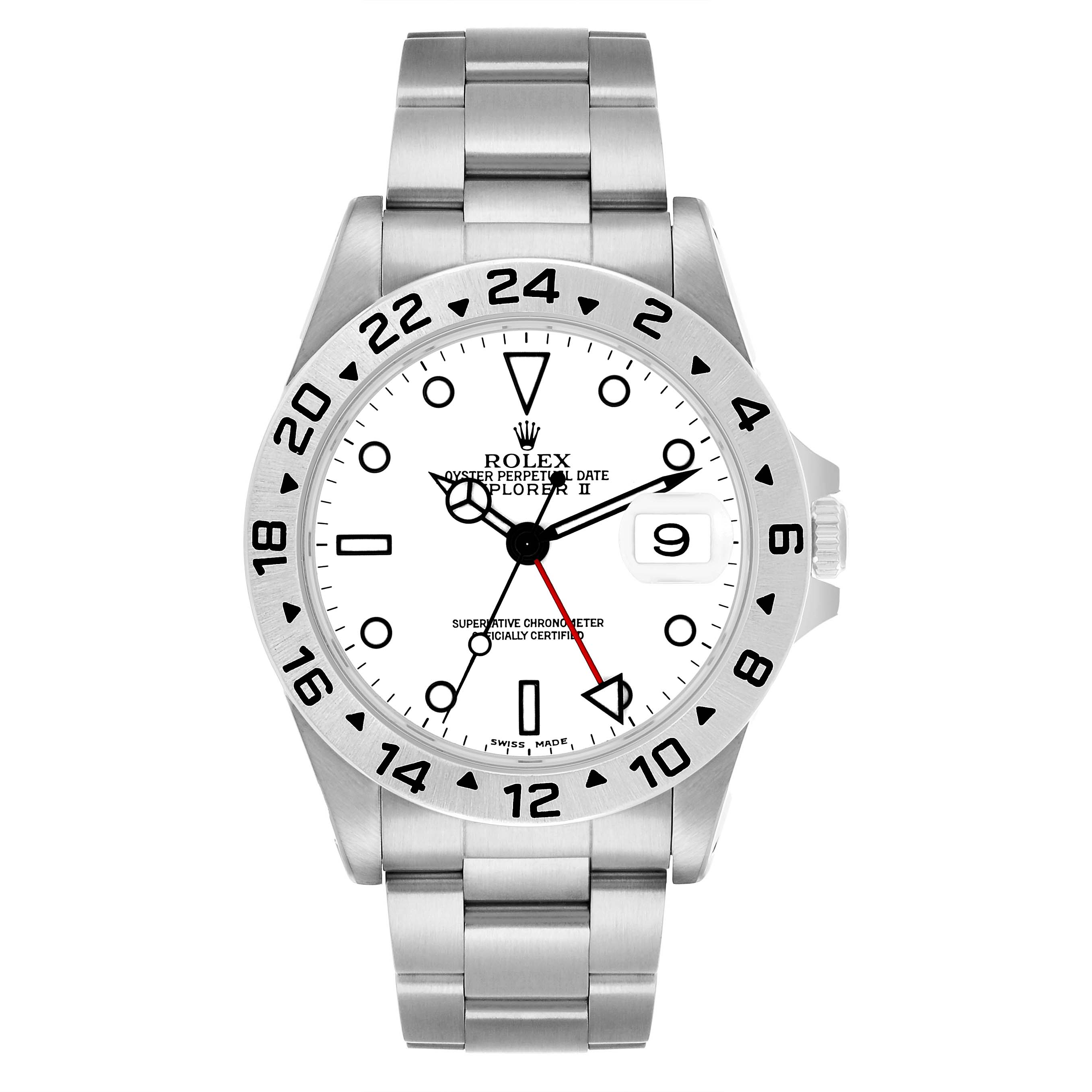 The Rolex Explorer 16570 Men's Stainless Steel White Dial II watch is shown from the front, featuring its bezel, dial, and bracelet.