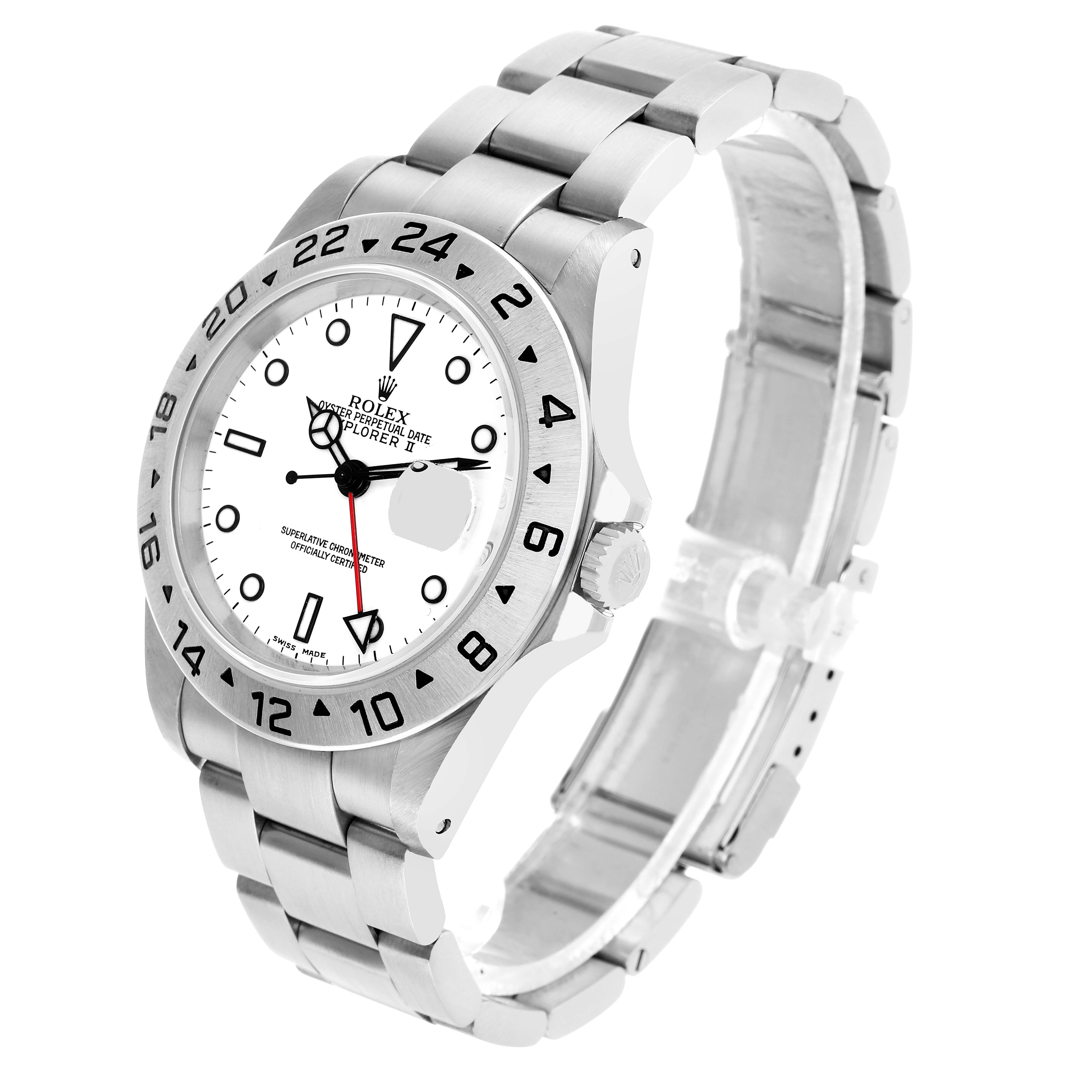 The Rolex Explorer 16570 Men's Stainless Steel White Dial model is shown at a three-quarter angle, displaying the face, bezel, crown, and bracelet.