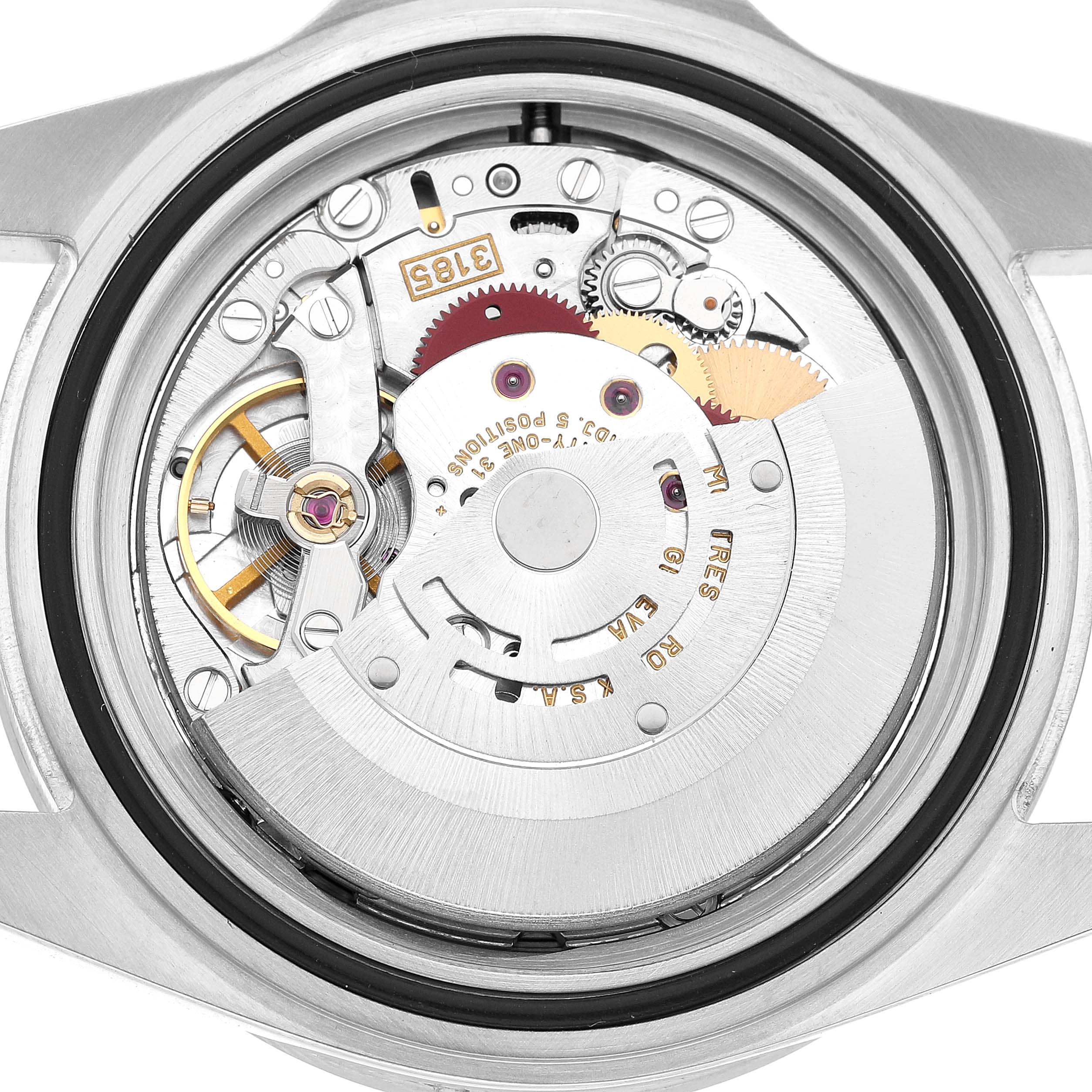 The image shows the movement of a Rolex Explorer 16570 Men's Stainless Steel White Dial watch from a back or underside angle, displaying gears and components.