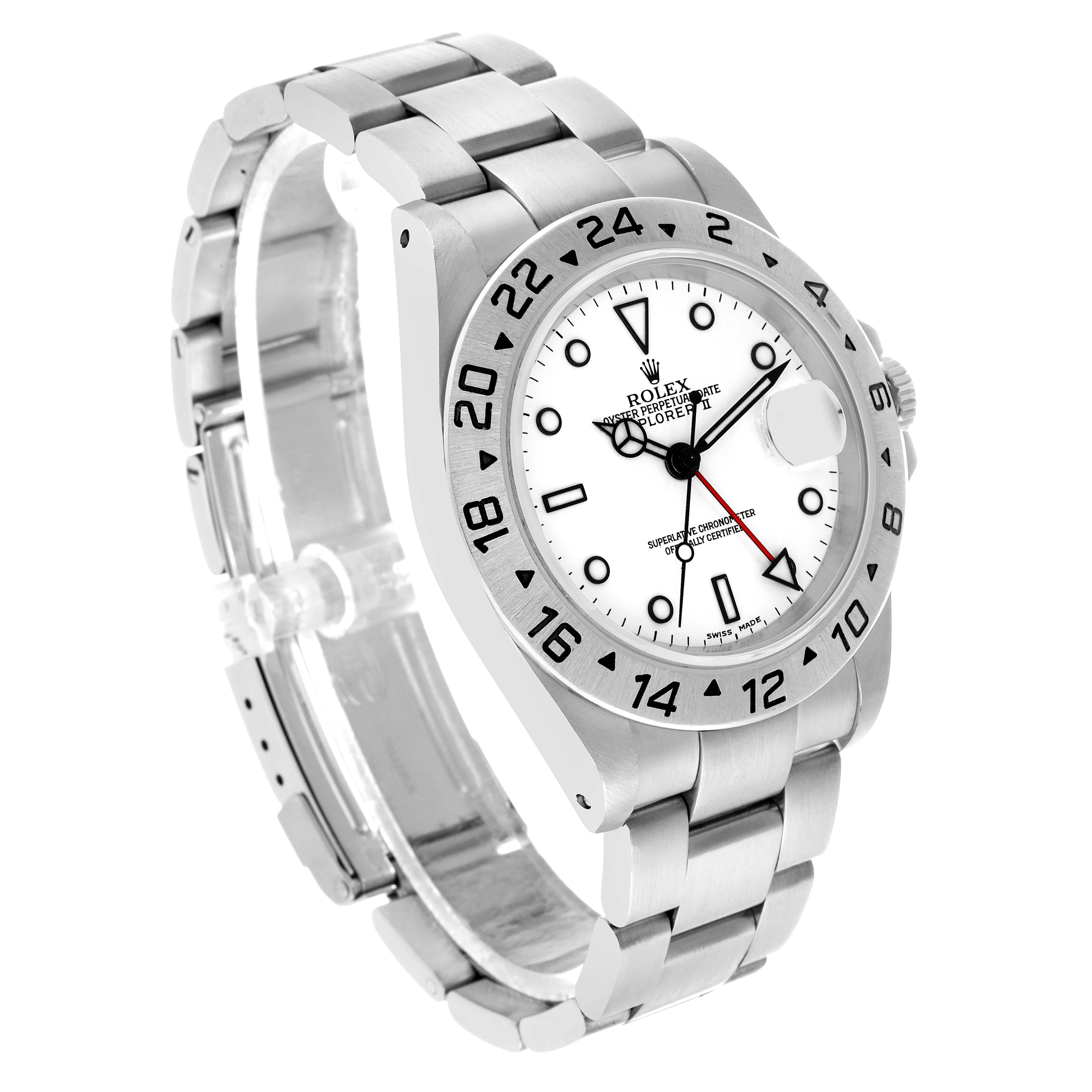 The image shows a Rolex Explorer 16570 Men's Stainless Steel White Dial watch in a three-quarter view, displaying its dial, bezel, crown, and bracelet.