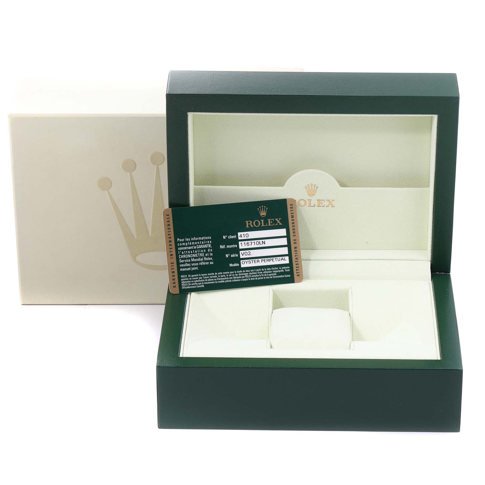 The image shows the open box and warranty card of a Rolex GMT-Master 116710 Men
s Stainless Steel Black Dial 116710 Men
s Stainless Steel Black Dial watch, highlighting packaging and documentation.