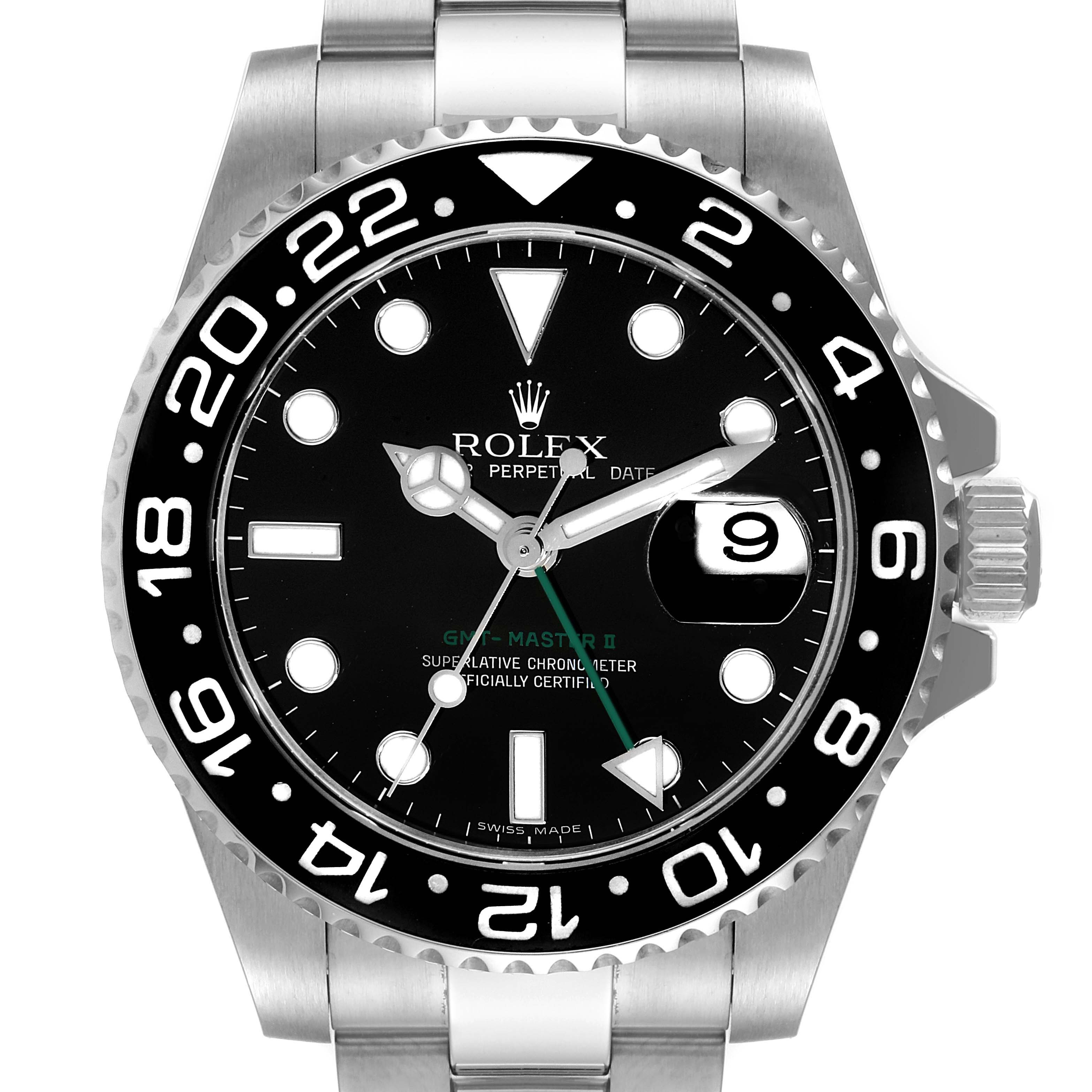 A frontal view of the Rolex GMT-Master 116710 Men
s Stainless Steel Black Dial 116710 Men
s Stainless Steel Black Dial II watch, showing the dial, bezel, hands, and bracelet.