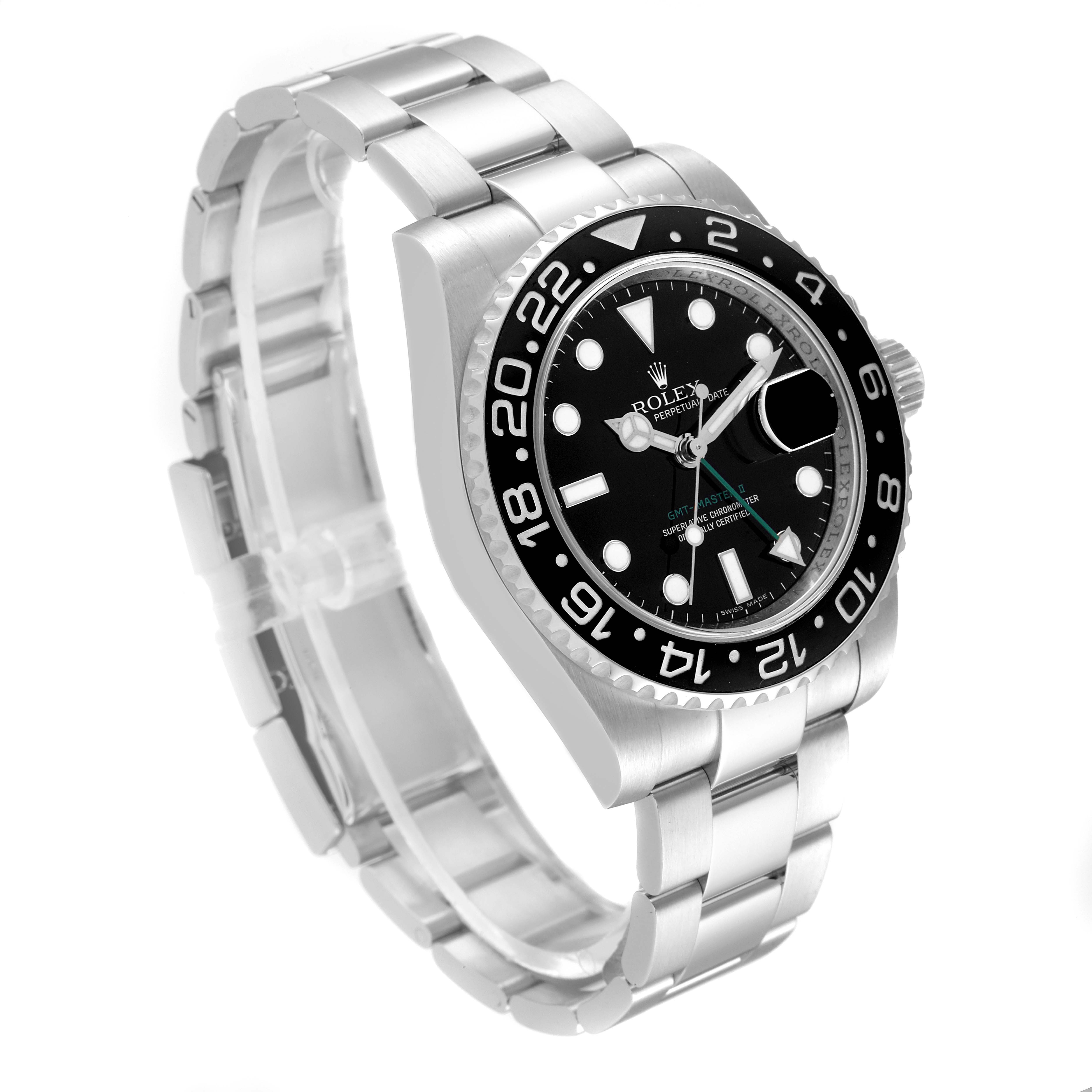 The image shows a side angle view of a Rolex GMT-Master 116710 Men
s Stainless Steel Black Dial 116710 Men
s Stainless Steel Black Dial watch, highlighting the bezel, dial, and metal bracelet.