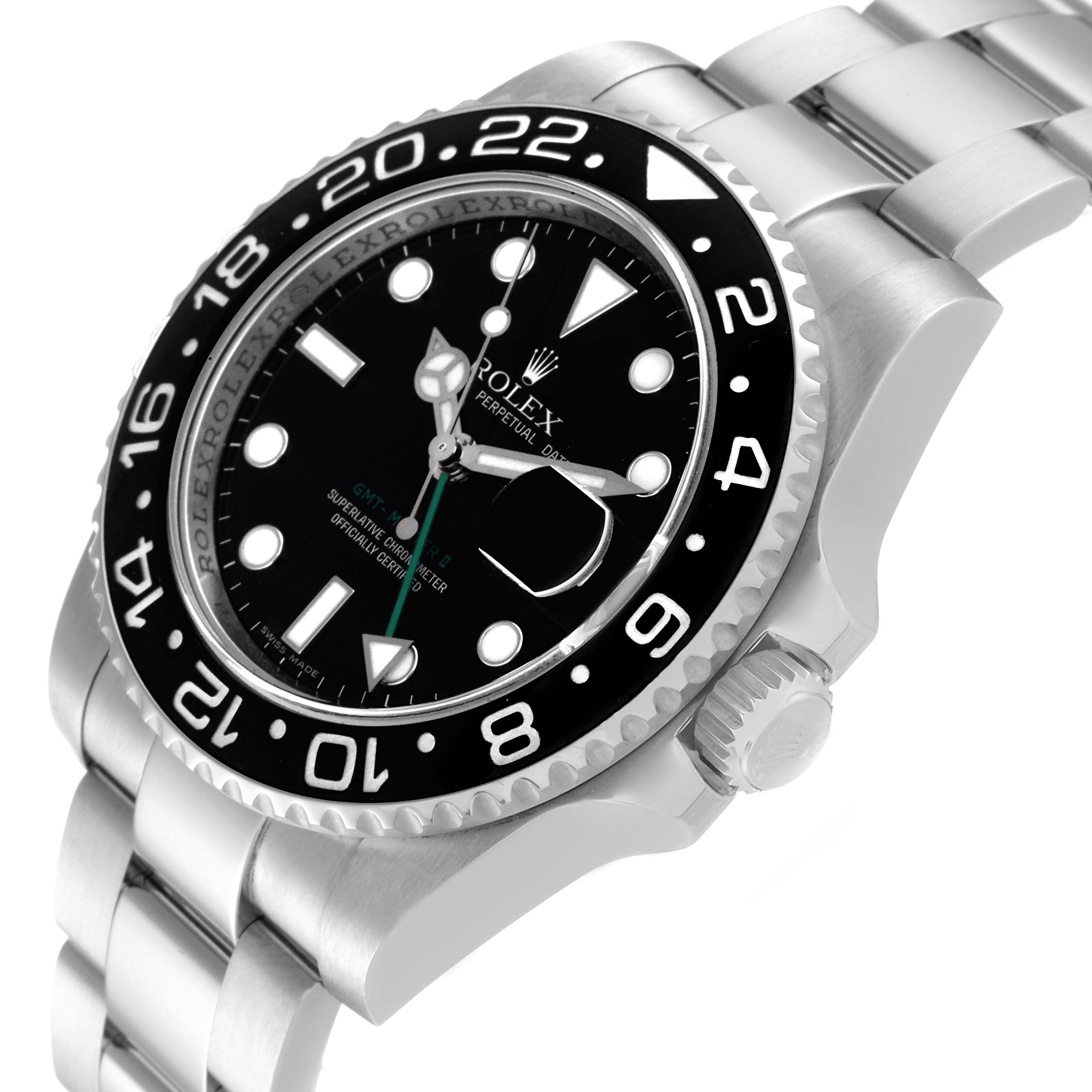 The image shows a side angle of the Rolex GMT-Master 116710 Men
s Stainless Steel Black Dial 116710 Men
s Stainless Steel Black Dial watch, highlighting the bezel, crown, and bracelet.