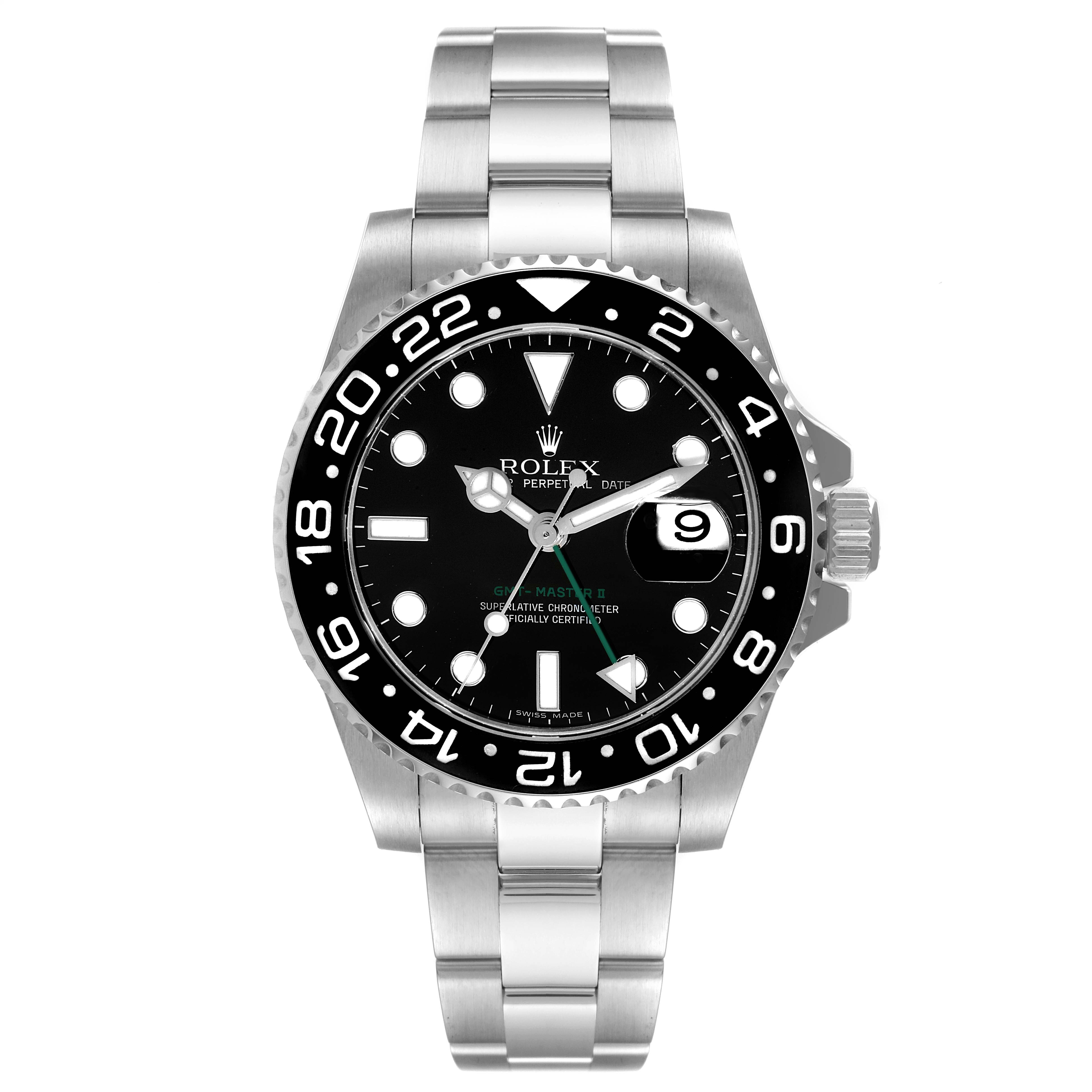 This is a front view of a Rolex GMT-Master 116710 Men
s Stainless Steel Black Dial 116710 Men
s Stainless Steel Black Dial II watch, showing the face, bezel, date, and bracelet.