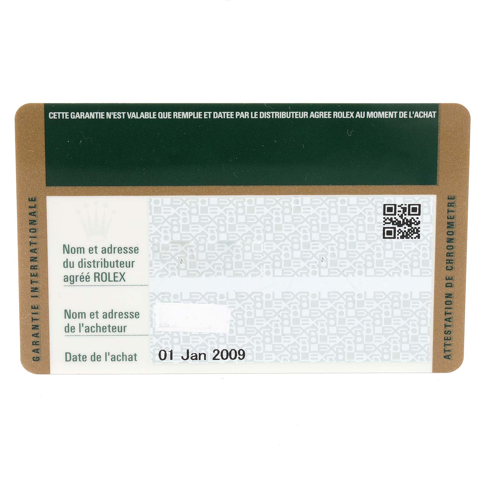 The image shows a Rolex GMT-Master 116710 Men
s Stainless Steel Black Dial 116710 Men
s Stainless Steel Black Dial warranty card with details for distributor, buyer, and purchase date.