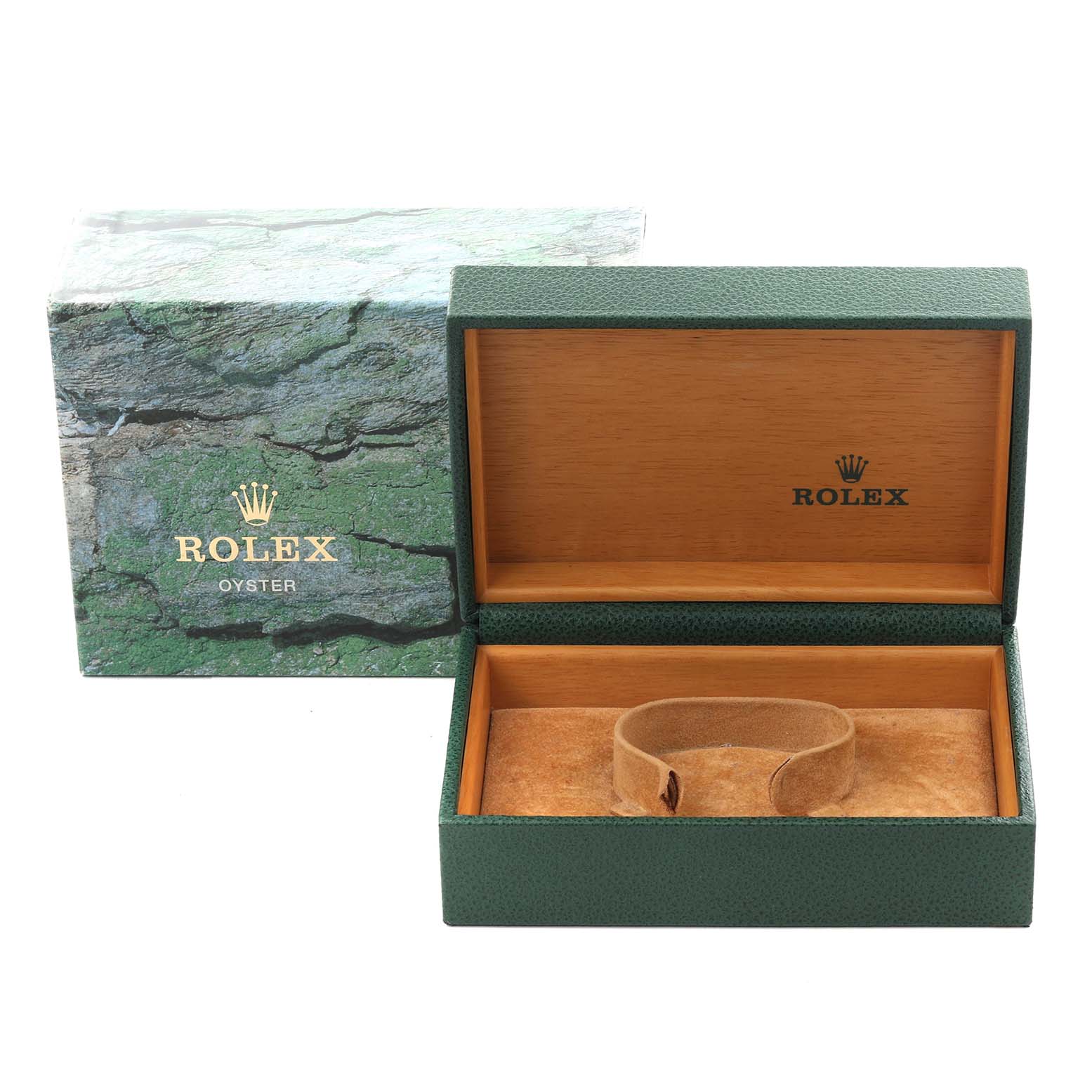 The image shows an open green Rolex box for a GMT-Master model, with a textured external cover.