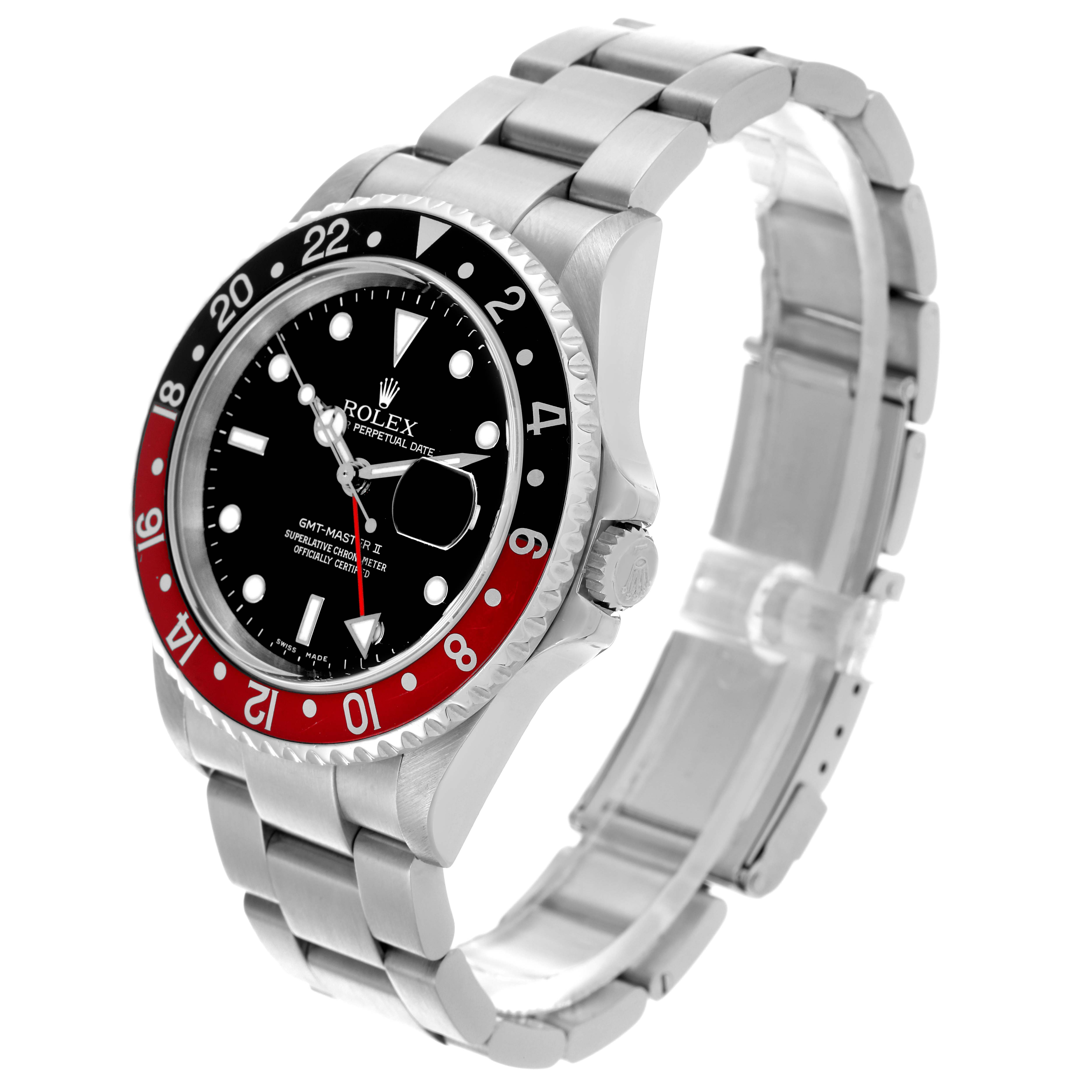 The Rolex GMT-Master 16710 Men's Stainless Steel Black Dial 16710 Men's Stainless Steel Black Dial watch is shown from an angled side view, displaying the face, bezel, crown, and bracelet.
